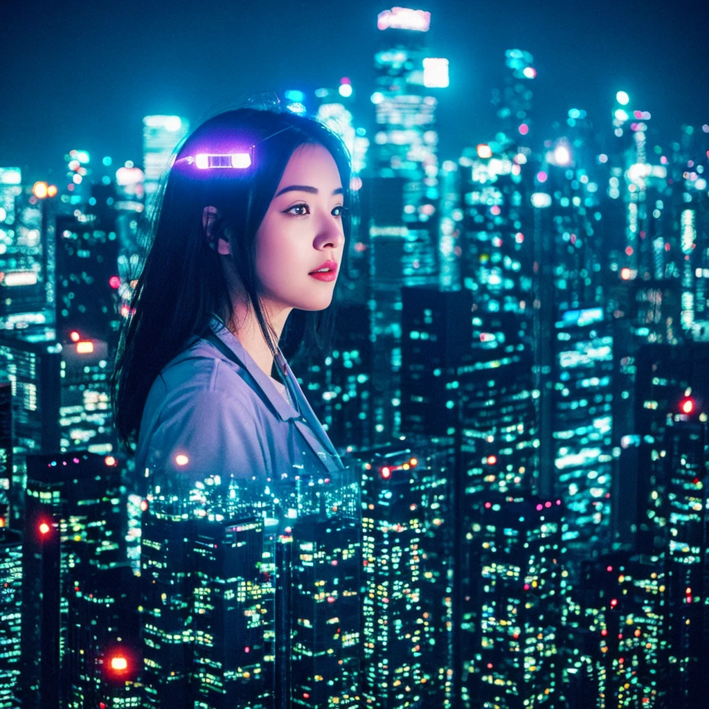 "Big city at night、A young woman wanders amongst the neon-lit skyscrapers。She has a vague facial contour.、Has a lonely look。Transparent bubbles float around the woman.、Each bubble seems to reflect her thoughts and dreams.。Starry sky spreads out in the background、The contrast between the hustle and bustle of the city and the quietness of it all is depicted.。The color scheme is based on cool blue and purple.、The bubbles and the woman are depicted as floating in a soft light.、Overall silence and solitude、It has a fantastical atmosphere that gives a sense of transience.。", High resolution, masterpiece, highest quality, Intricate details, Very detailed, Clear focus, Delicate skin, practical skin texture, texture, Delicate eyes, Professional, 4K, Shot with Canon, 85mm, Shallow and deep, Kodak Vision Color, Exactly, Very detailed, photograph_\(Extremist\), photographpractical, practical, Post-processing, Maximum details, Roughness, Real Life, Extremist practical, Photorealism, photographgraphy, 8K Ultra HD, photographgraphy