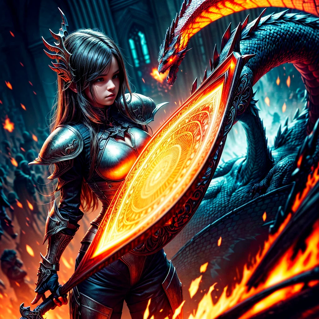 (32k, ultra highest quality, epic masterpiece, final fantasy style: 1.2), (ultra Realistic, ultra professional photoRealistic: 1.37), Super detailed, One Girl, {dragon knight with thick long sword imbued with light}, Wide viewing angles, huge firm bouncing bust, Very delicate depiction, Detailed depiction of the face, Detailed depiction of hair, Accurate skeleton, Dress with intricate patterns, Complicated armor, long thick sword,dream-like,Ultra-realistic mixed fantasy world,A mix of realistic and fantastical elements,Magical Effects,(Magic circle on the ground, Casting a Spell, Swirling Magic, Light particles),Dynamic Light,red,fire, red fire eyes,elegant,Rays of Sin,dark,(dark magic), (strict), The battle between good and evil, (Swirling Flames:1),universe, lightning, eruption, magic circle, Complex patterns, (dragon:1.4), (huge mother crystal, huge flame:1.2), ultra sharp-focus, ultra-highdef, ultra-highres, raw, nsfw, --v 6 --s 1000 --c 20 --q 5 --chaos 100