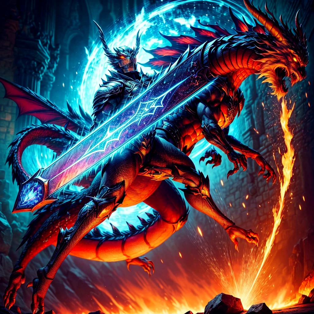 (32k, ultra highest quality, epic masterpiece, final fantasy style: 1.2), (ultra Realistic, ultra professional photoRealistic: 1.37), Super detailed, One Girl, {dragon knight with thick long sword imbued with light}, Wide viewing angles, huge firm bouncing bust, Very delicate depiction, Detailed depiction of the face, Detailed depiction of hair, Accurate skeleton, Dress with intricate patterns, Complicated armor, long thick sword,dream-like,Ultra-realistic mixed fantasy world,A mix of realistic and fantastical elements,Magical Effects,(Magic circle on the ground, Casting a Spell, Swirling Magic, Light particles),Dynamic Light,red,fire, red fire eyes,elegant,Rays of Sin,dark,(dark magic), (strict), The battle between good and evil, (Swirling Flames:1),universe, lightning, eruption, magic circle, Complex patterns, (dragon:1.4), (huge mother crystal, huge flame:1.2), ultra sharp-focus, ultra-highdef, ultra-highres, raw, nsfw, --v 6 --s 1000 --c 20 --q 5 --chaos 100