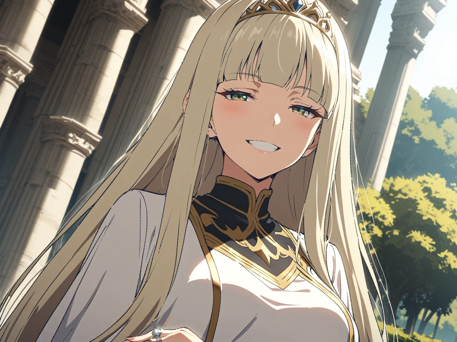 {{upper body, hand focus, dutch angle}} {{Artist: Sincos}} 1 woman, solo, mature female, elegant, princess, medium breasts, platinum blonde hair, long hair, straight hair, hime cut, green eyes, white dress, gold trim, tiara, looking at viewer, bright smile, teeth, half-closed eyes, presenting hand, ring in hand, outdoors, garden, palace, sunny, window.