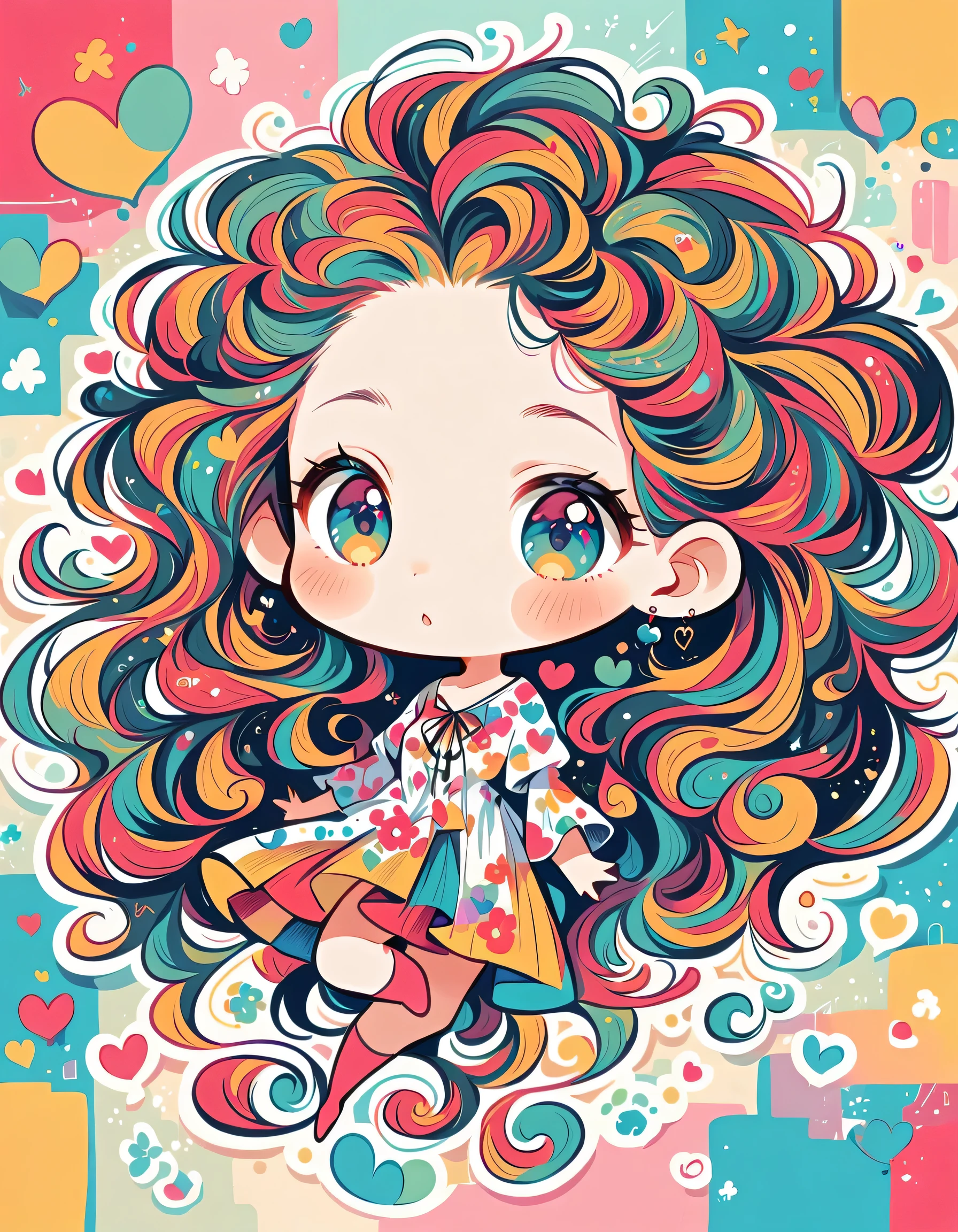 Takashi Murakami style, Simple Line Initialism，Abstract art，Urban Background, colorful hearts ,(((The most beautiful girl of all time))), (((chibi))), kittens