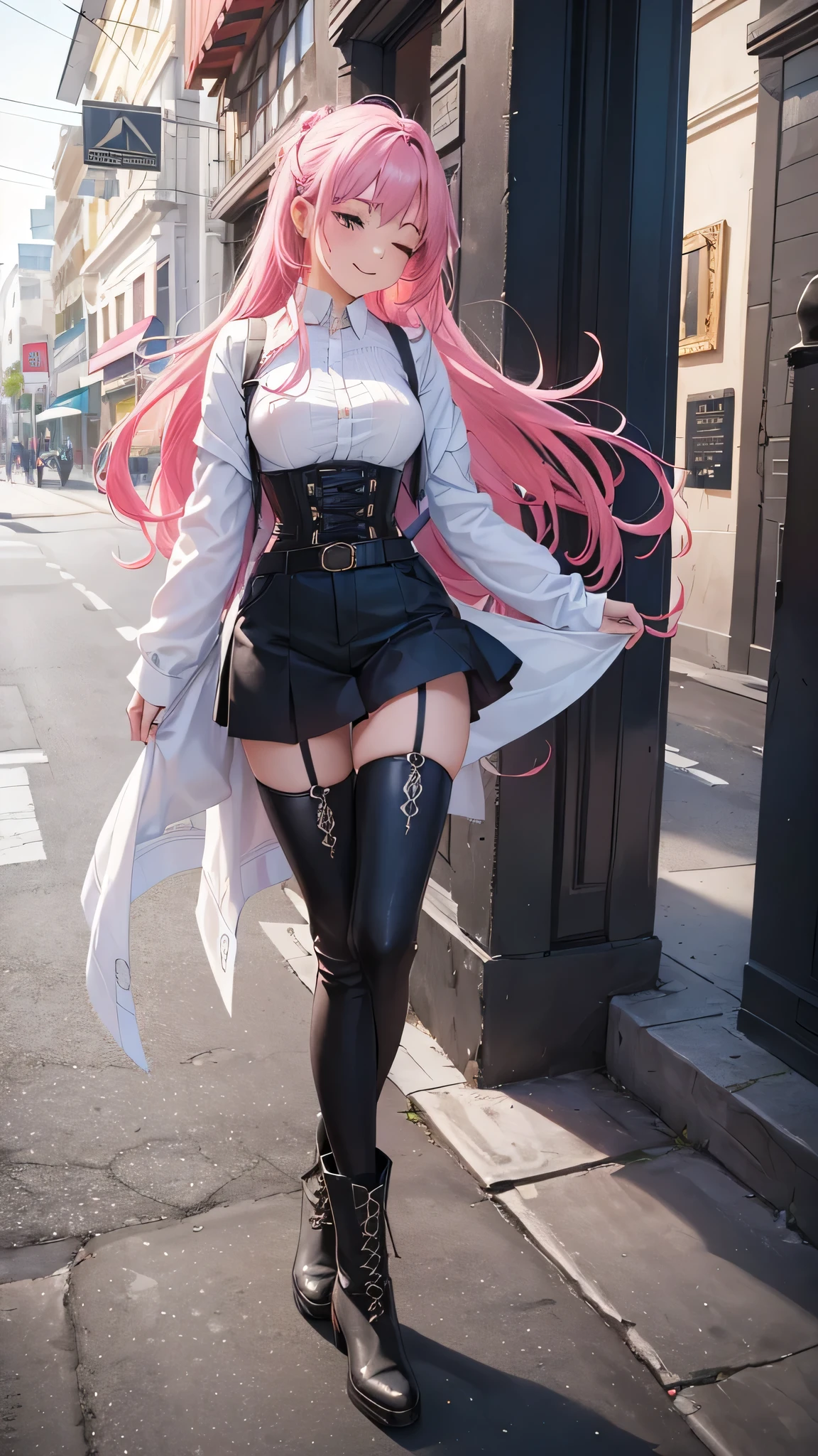 Toda la imagen con detalles intrincados nivel profesional: "(A young 16 year old girl with vibrant pink hair, piernas abiertas, vestida con un abrigo oscuro y una camisa blanca, with a corset and several belts, pantalones cortos negros y medias hasta el muslo, botas marrones. The woman has her eyes closed and an expression of gratitude and happiness on her face, ropa muy corta y delgada, le agrada mostrar su cuerpo, chica empoderada, le gusta mostrar su hermoso cuerpo sexualizado porque es muy bella, con rasgos femeninos pronunciados, (a veces le gusta salir casi o toda desnuda a la calle), random angle.)"