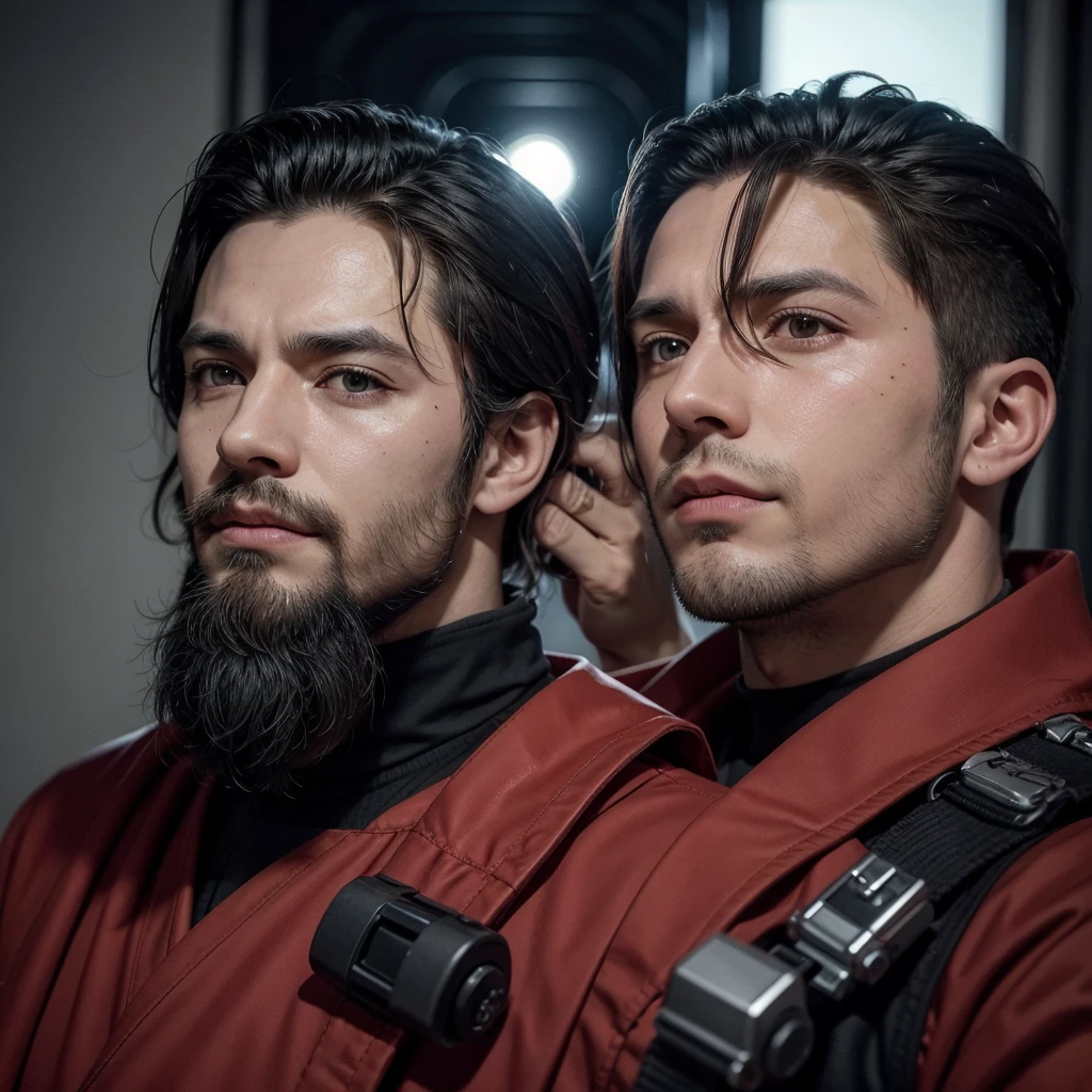 Um homem ruivo de cabelos vermelhos, com terno preto e gravata vermelha ,bonito jovial aos 42 anos de olhos azuis, eye patch and with a machine gun in hand and executing fascists. Sem barba e com rosto liso. I want him to look 21 years old and look like a handsome killer