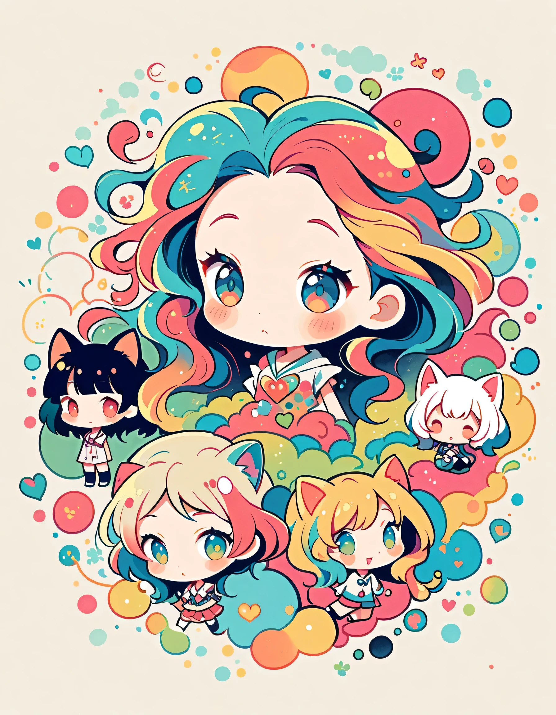 Takashi Murakami style, Simple Line Initialism,Abstract art,Urban Background, colorful hearts ,(((The most beautiful girl of all time))), (((chibi))), kittens