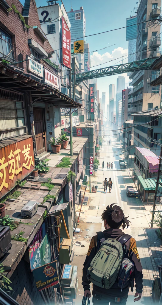((best quality)), ((masterpiece)), (detailed), arafed image of a man walking down a street in a city, post apocalyptic. makoto shinkai, urban concept art, ross tran. scenic background, set in post apocalyptic tokyo, cyberpunk anime art, anime. by makoto shinkai, bastien grivet, by makoto shinkai, by Makoto Shinkai, in a cyberpunk setting