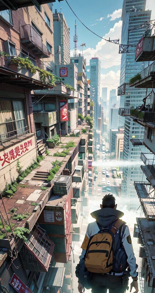 ((best quality)), ((masterpiece)), (detailed), arafed image of a man walking down a street in a city, post apocalyptic. makoto shinkai, urban concept art, ross tran. scenic background, set in post apocalyptic tokyo, cyberpunk anime art, anime. by makoto shinkai, bastien grivet, by makoto shinkai, by Makoto Shinkai, in a cyberpunk setting