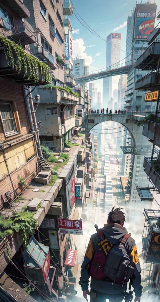 ((best quality)), ((masterpiece)), (detailed), arafed image of a man walking down a street in a city, post apocalyptic. makoto shinkai, urban concept art, ross tran. scenic background, set in post apocalyptic tokyo, cyberpunk anime art, anime. by makoto shinkai, bastien grivet, by makoto shinkai, by Makoto Shinkai, in a cyberpunk setting