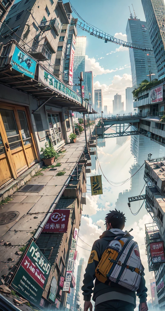((best quality)), ((masterpiece)), (detailed), arafed image of a man walking down a street in a city, post apocalyptic. makoto shinkai, urban concept art, ross tran. scenic background, set in post apocalyptic tokyo, cyberpunk anime art, anime. by makoto shinkai, bastien grivet, by makoto shinkai, by Makoto Shinkai, in a cyberpunk setting