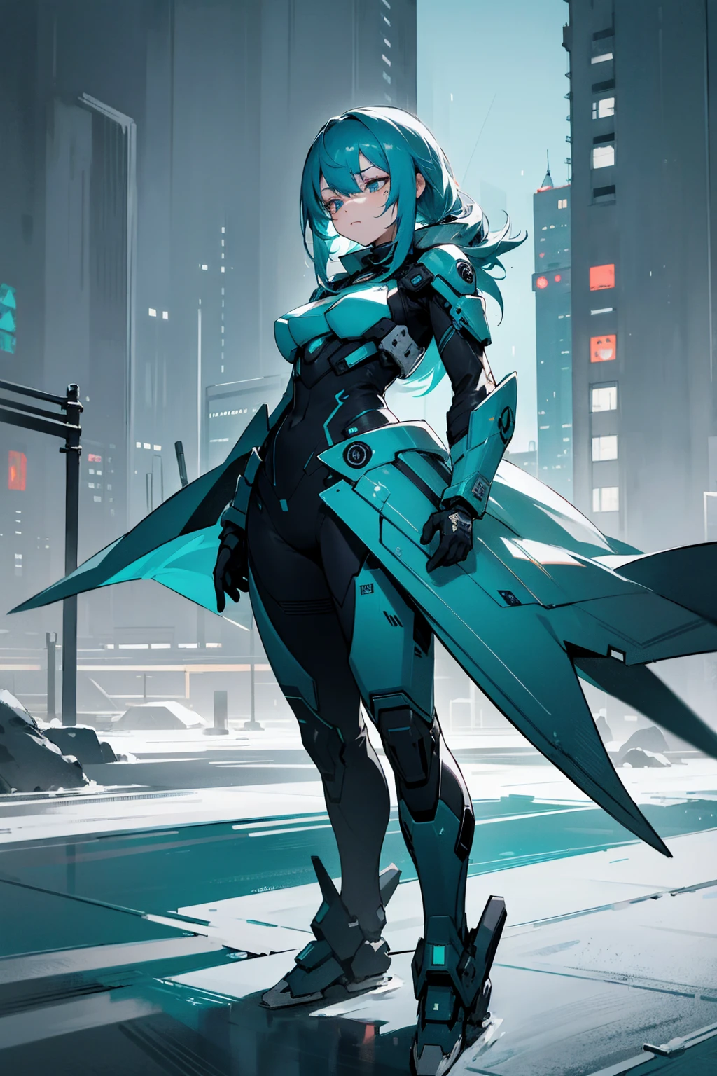 1female, teal hair, medium length hair, eye bags, sleepy, sleep deprived, cold, ice tattoos, black and white combat suit, city background, standing on path, hands to side, sleepy expression
