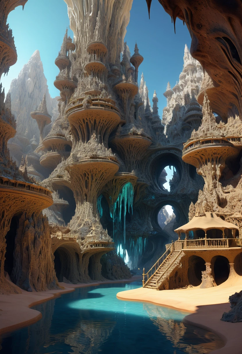 hay muchas cavidades invertidas (diferentes habitaciones, unidas por salientes de mandelbulb que forman pasadizos) in the middle of an underground canyon that makes up a mandelbulb mud village at different heights with many balconies and stalactites and stalactites, fantasy architecture, Arte digital 4k muy detallado, beautiful detailed fantasy, stunning fantasy landscape, detailed fantasy digital art, arstation y pitido altamente, fantasy style octane 8k rendering, stuning fantasy 3d rendering, 4k detail fantasy, fantasy 3d rendering, pitido de renderizado 3D, deep masive desert landscape, stalacmite cave laberinto very confuse type geonosis bubbes