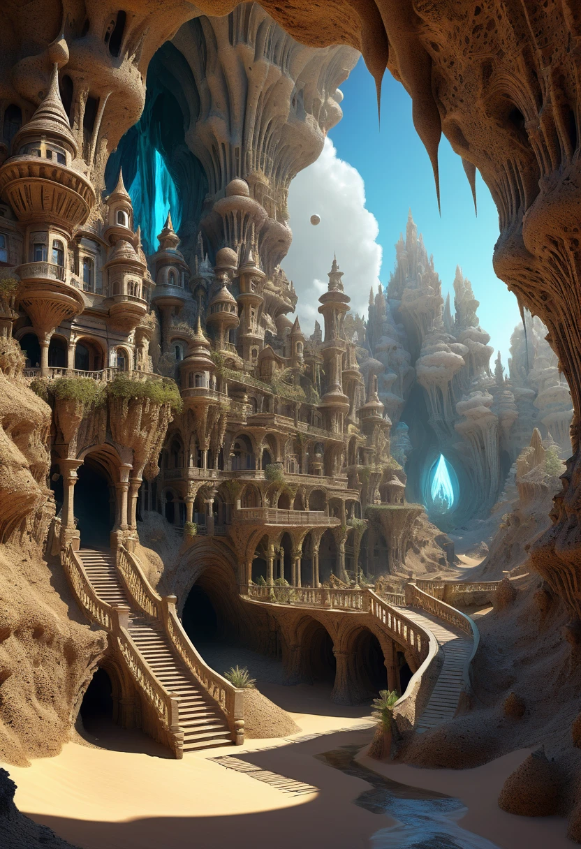 hay muchas cavidades invertidas (diferentes habitaciones, unidas por salientes de mandelbulb que forman pasadizos) in the middle of an underground canyon that makes up a mandelbulb mud village at different heights with many balconies and stalactites and stalactites, fantasy architecture, Arte digital 4k muy detallado, beautiful detailed fantasy, stunning fantasy landscape, detailed fantasy digital art, arstation y pitido altamente, fantasy style octane 8k rendering, stuning fantasy 3d rendering, 4k detail fantasy, fantasy 3d rendering, pitido de renderizado 3D, deep masive desert landscape, stalacmite cave laberinto very confuse type geonosis bubbes