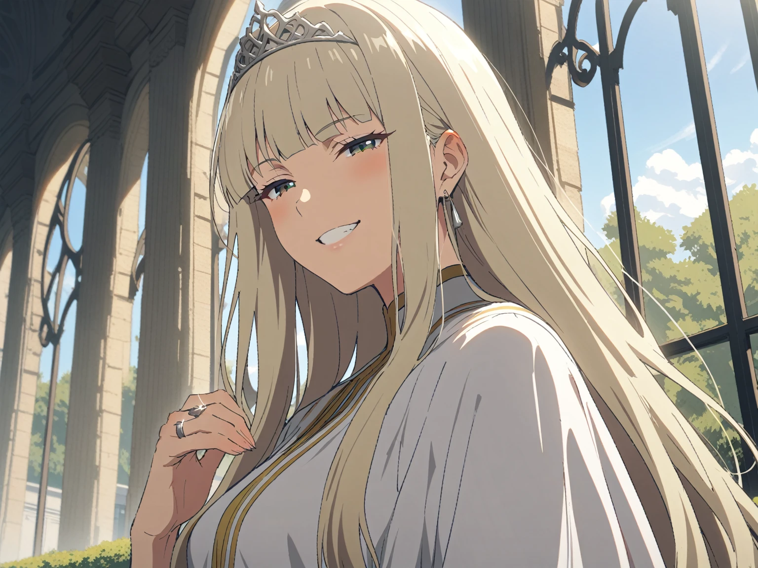 {{upper body, hand focus, dutch angle}} {{Artist: Sincos}} 1 woman, solo, mature female, elegant, princess, medium breasts, platinum blonde hair, long hair, straight hair, hime cut, green eyes, white dress, gold trim, tiara, looking at viewer, bright smile, teeth, half-closed eyes, presenting hand, ring in hand, outdoors, garden, palace, sunny, window.
