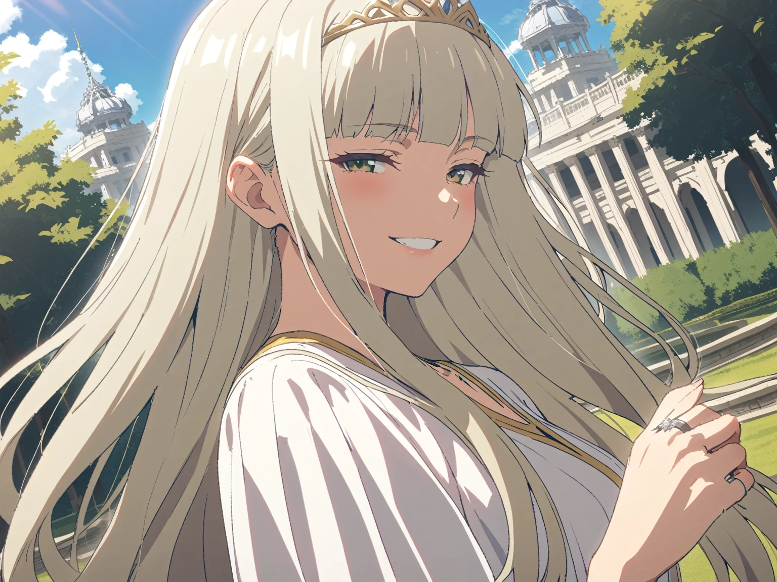 {{upper body, hand focus, dutch angle}} {{Artist: Sincos}} 1 woman, solo, mature female, elegant, princess, medium breasts, platinum blonde hair, long hair, straight hair, hime cut, green eyes, white dress, gold trim, tiara, looking at viewer, bright smile, teeth, half-closed eyes, presenting hand, ring in hand, outdoors, garden, palace, sunny, window.
