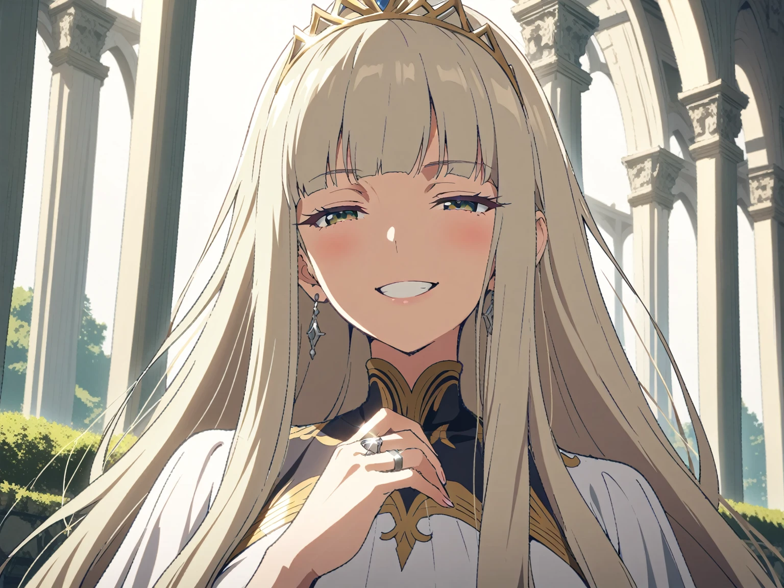 {{upper body, hand focus, dutch angle}} {{Artist: Sincos}} 1 woman, solo, mature female, elegant, princess, medium breasts, platinum blonde hair, long hair, straight hair, hime cut, green eyes, white dress, gold trim, tiara, looking at viewer, bright smile, teeth, half-closed eyes, presenting hand, ring in hand, outdoors, garden, palace, sunny, window.
