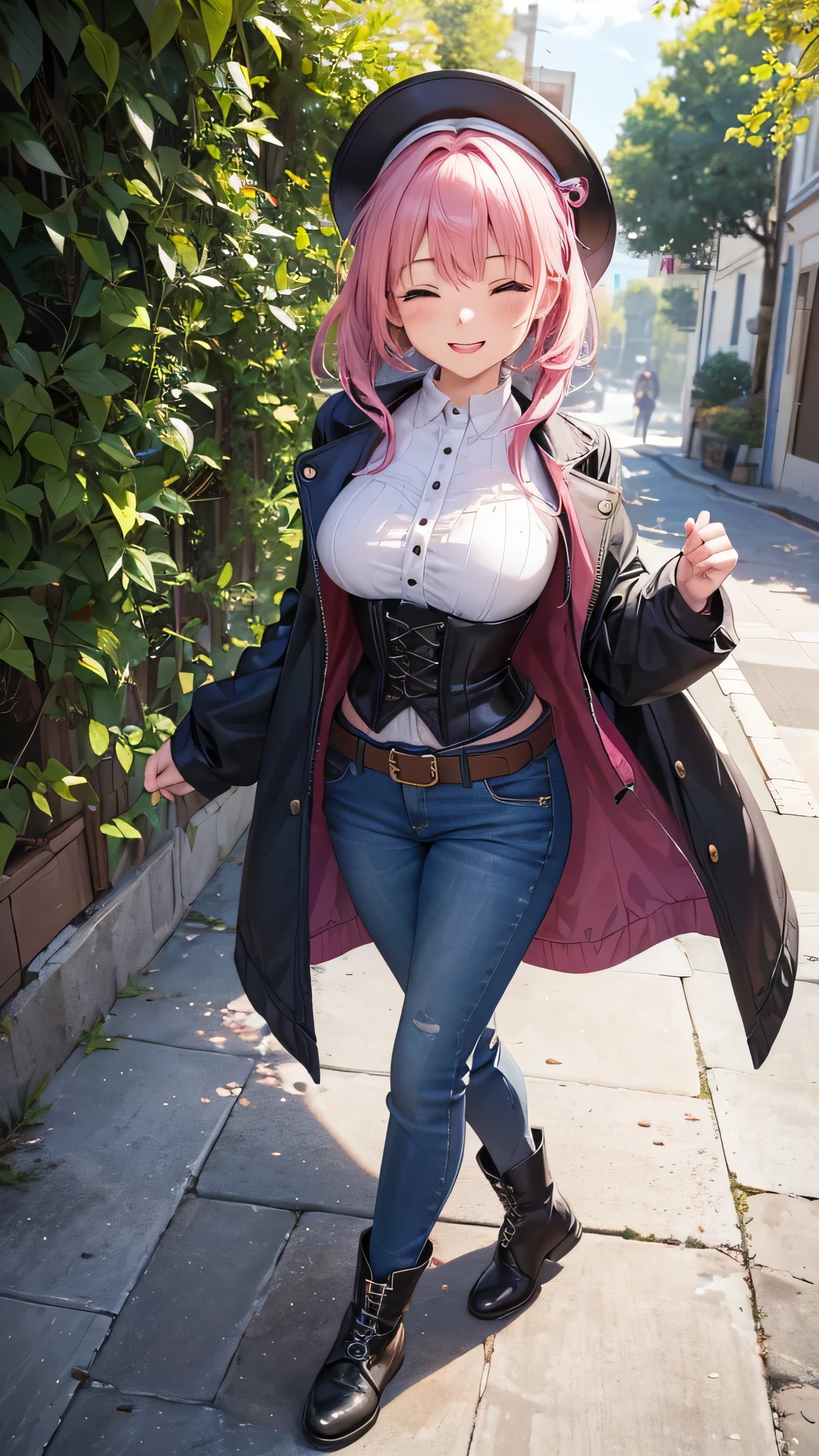 Toda la imagen con detalles intrincados nivel profesional: "(A young 16 year old girl with vibrant pink hair, piernas abiertas, vestida con un abrigo oscuro y una camisa blanca, with a corset and several belts, pantalones cortos negros y medias hasta el muslo, botas marrones. The woman has her eyes closed and an expression of gratitude and happiness on her face, ropa muy corta y delgada, le agrada mostrar su cuerpo, chica empoderada, le gusta mostrar su hermoso cuerpo sexualizado porque es muy bella, con rasgos femeninos pronunciados, (a veces le gusta salir casi o toda desnuda a la calle), random angle.)"
