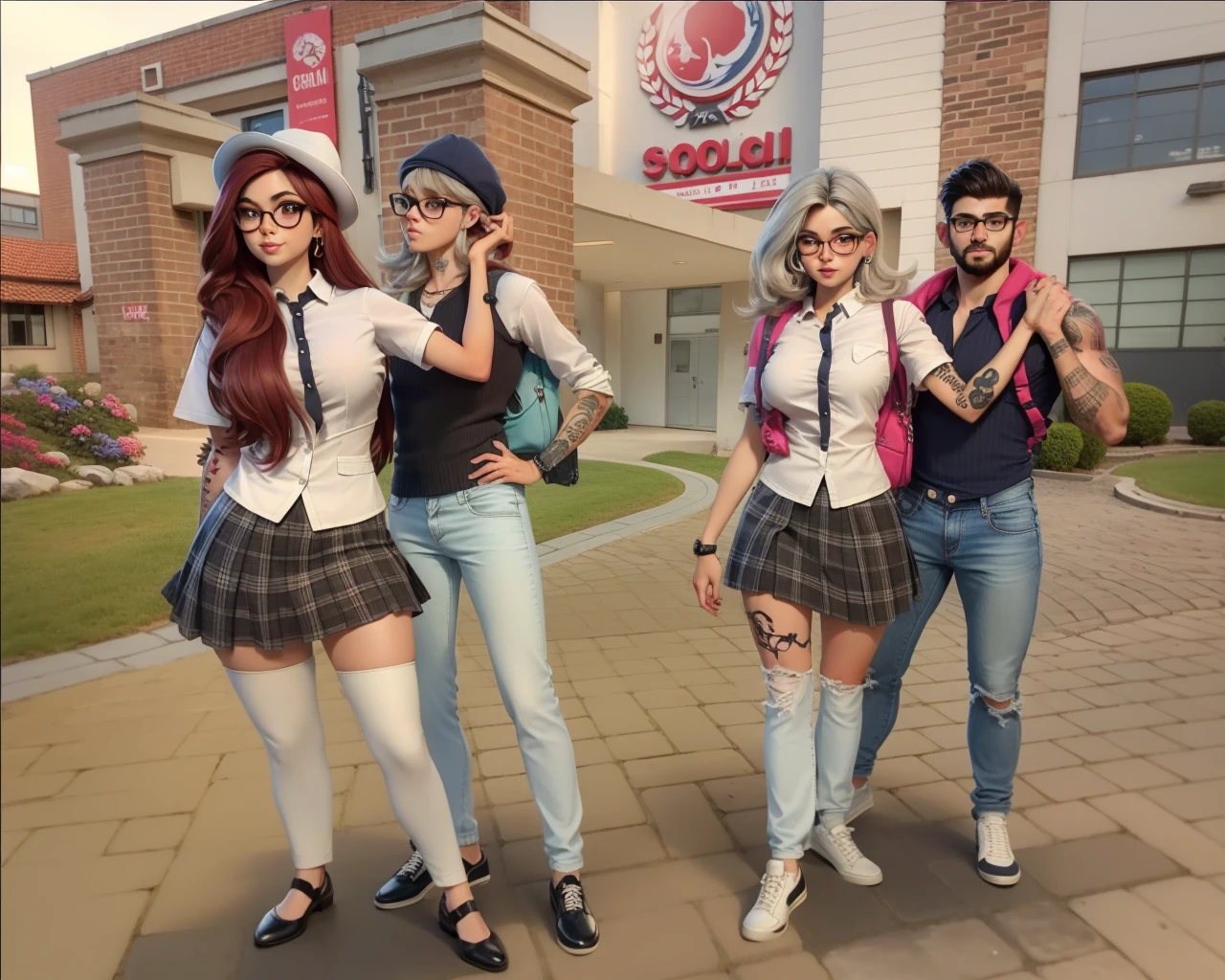 Best quality, casal, adolescentes, camisa escolar com gravatas, cabelos longos curto loiros vermelhos preto, mochila, Jeans, sapatos brancos, saia, ambiente escolar, tatto, glasses, hat 