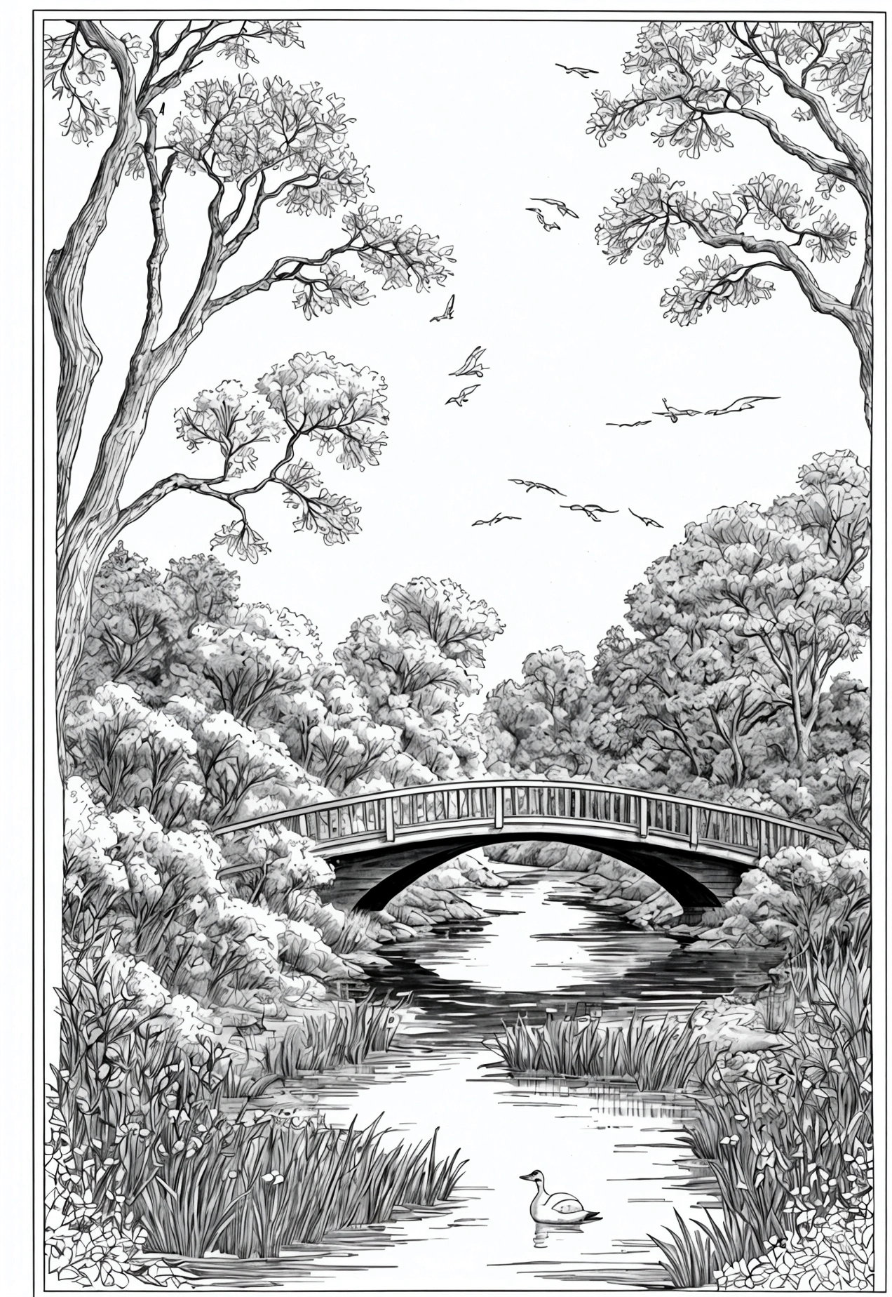 grey and white only, Book page coloring art, All-white background, Use only outlines, line art, coloring book, Clean line art, For coloring Simple and clean line art, coloring book page, perfect symmetric details, Country Bridge: A wooden bridge crossing a gentle river, with willow trees on either side, ducks swimming underneath, and wildflowers growing along the riverbank.