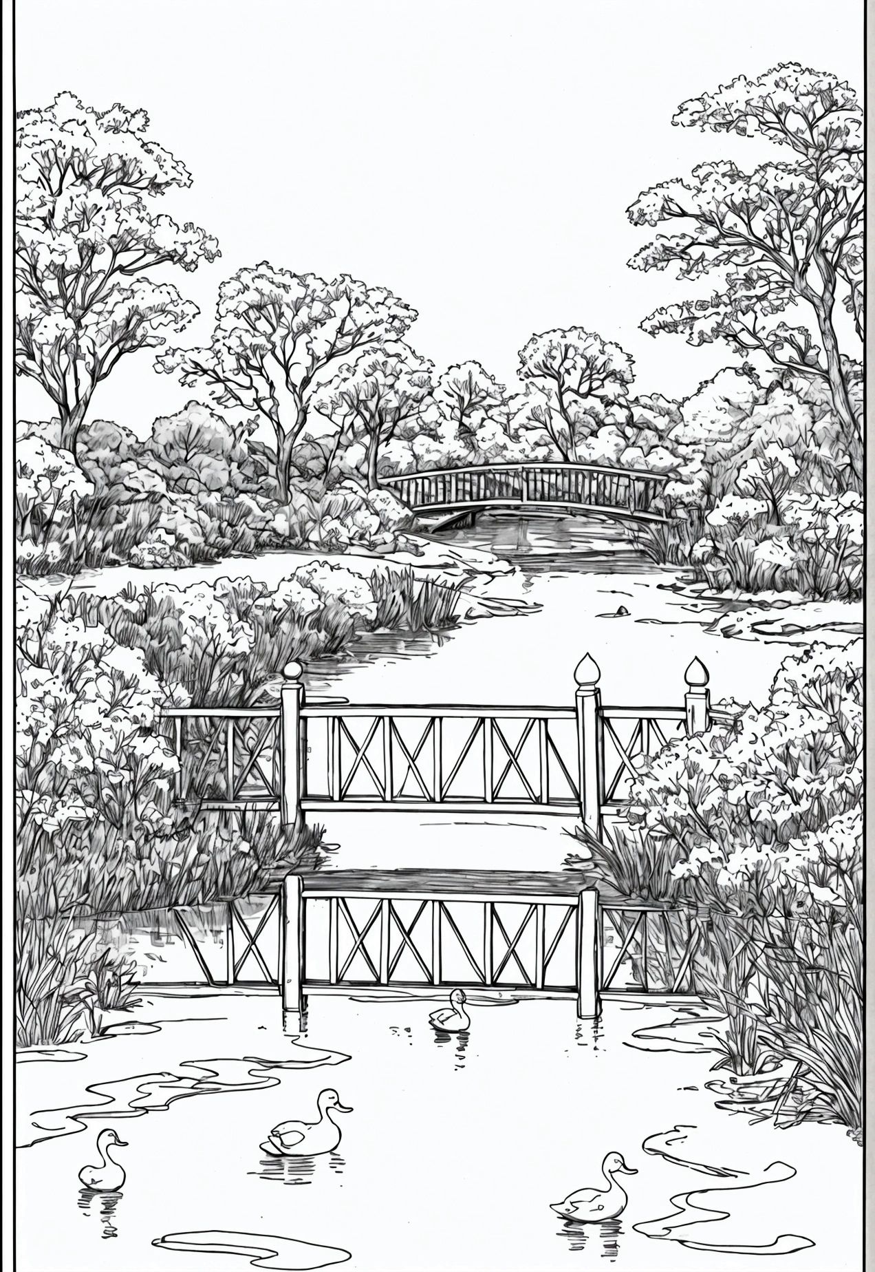grey and white only, Book page coloring art, All-white background, Use only outlines, line art, coloring book, Clean line art, For coloring Simple and clean line art, coloring book page, perfect symmetric details, Country Bridge: A wooden bridge crossing a gentle river, with willow trees on either side, ducks swimming underneath, and wildflowers growing along the riverbank.