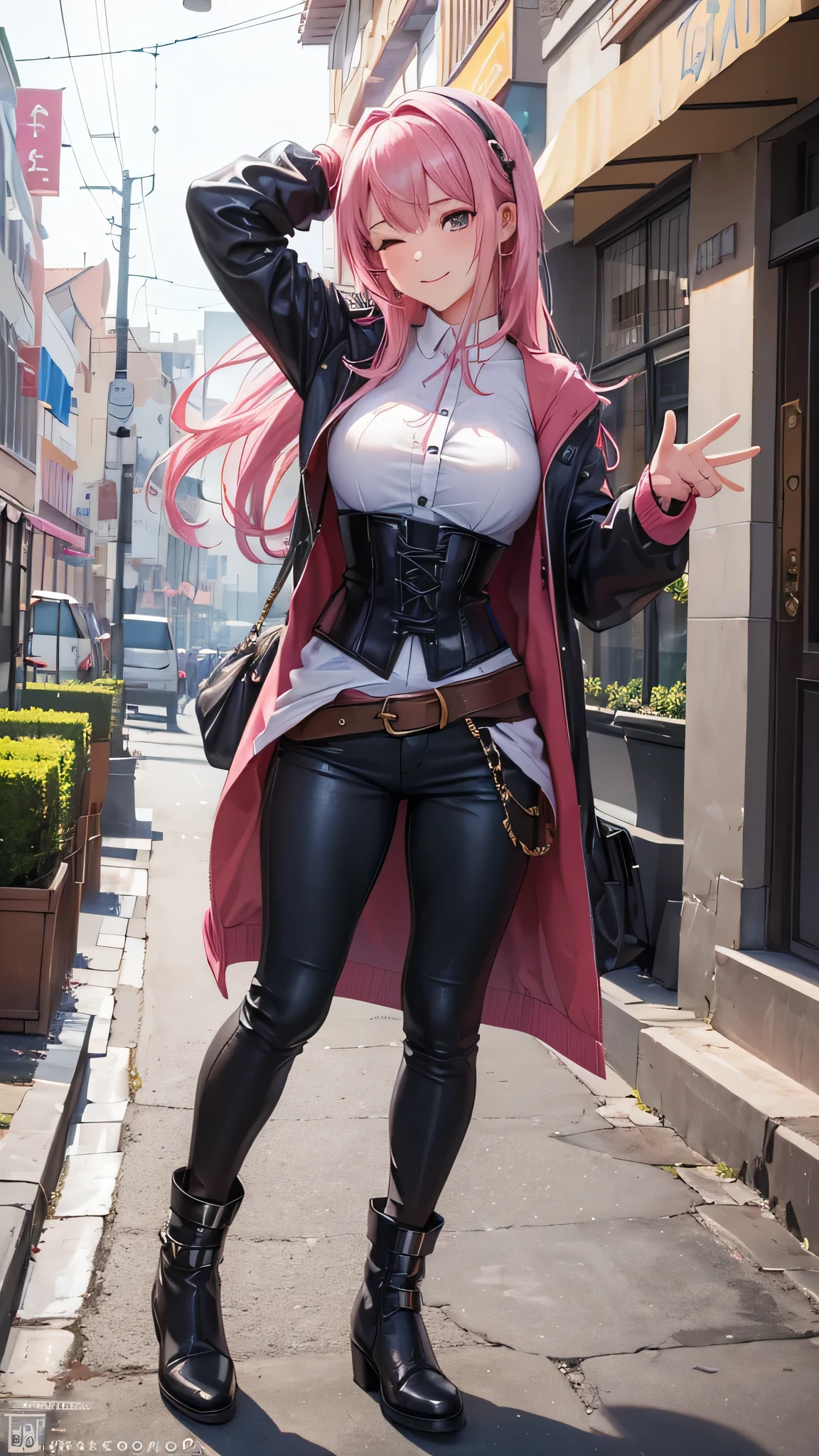 Toda la imagen con detalles intrincados nivel profesional: "(A young 16 year old girl with vibrant pink hair, piernas abiertas, vestida con un abrigo oscuro y una camisa blanca, with a corset and several belts, pantalones cortos negros y medias hasta el muslo, botas marrones. The woman has her eyes closed and an expression of gratitude and happiness on her face, ropa muy corta y delgada, le agrada mostrar su cuerpo, chica empoderada, le gusta mostrar su hermoso cuerpo sexualizado porque es muy bella, con rasgos femeninos pronunciados, (a veces le gusta salir casi o toda desnuda a la calle), random angle.)"