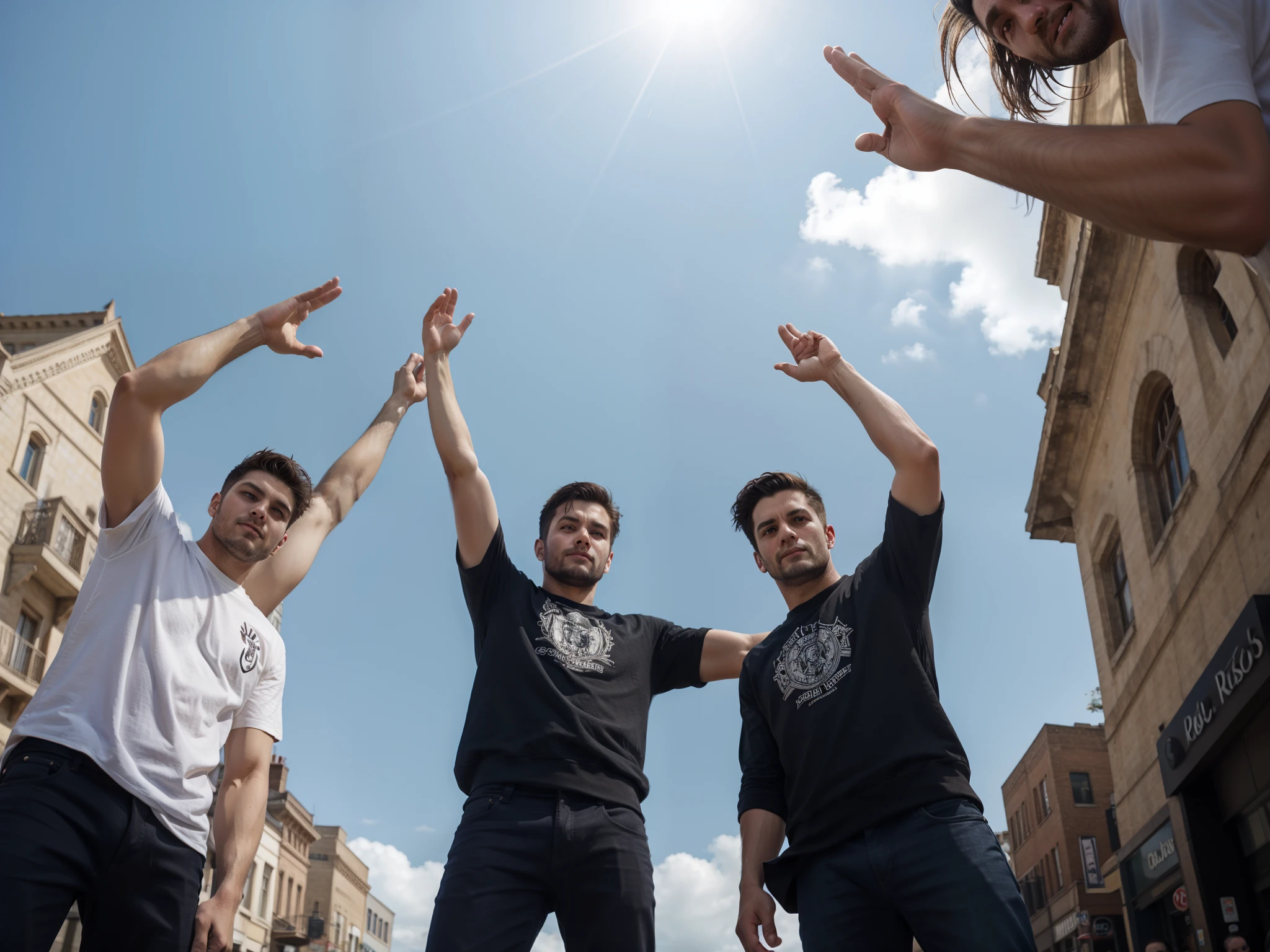 paparazzi photo of 3 boys, raised arms posing like a models in town, hands holding hair, photo-shot from below, dominant pose. shot from under, shot from below, HDR, photoreal, perfect symmetrical face