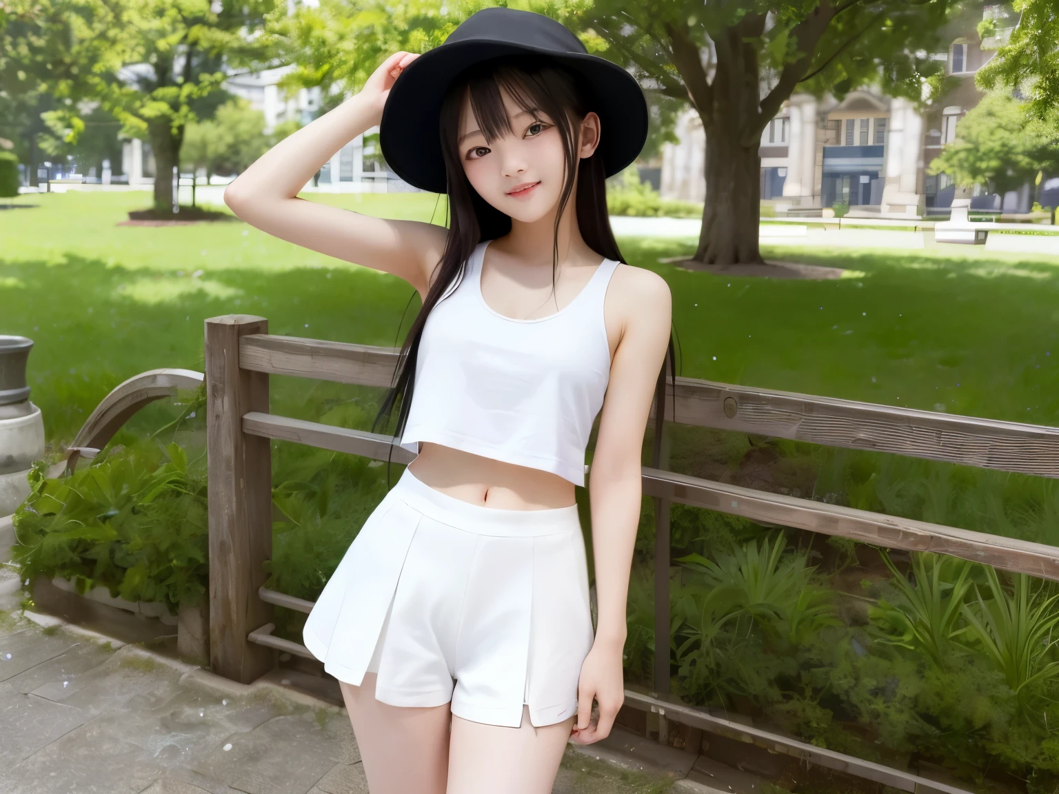 ((masterpiece、highest quality、Ultra high definition、High resolution))、solo、Beautiful girl、cute、Shining Eyes、Round eyes、Beautiful and delicate skin、18-year-old、Laughter、Tank top、Black Hat、walk、Slender、Small breasts、 Narrow waist、gender、White sneakers、Esbian all over