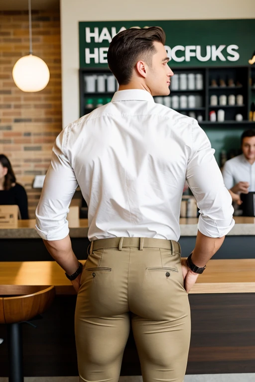 Hunk, young man, big butt, khaki color tight trousers, office employed, caucasian, starbucks employed, good looking backside