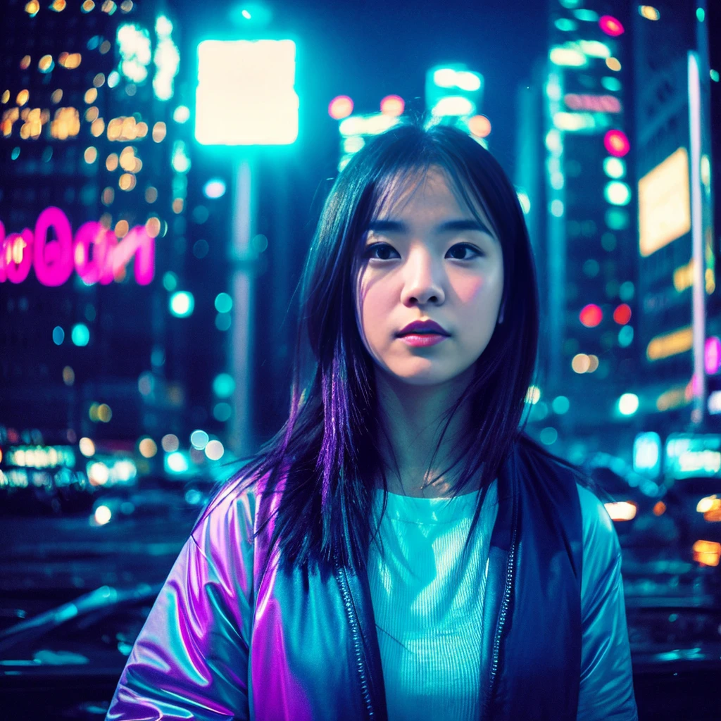 "Big city at night、A young woman wanders amongst the neon-lit skyscrapers。She has a vague facial contour.、Has a lonely look。Transparent bubbles float around the woman.、Each bubble seems to reflect her thoughts and dreams.。Starry sky spreads out in the background、The contrast between the hustle and bustle of the city and the quietness of it all is depicted.。The color scheme is based on cool blue and purple.、The bubbles and the woman are depicted as floating in a soft light.、Overall silence and solitude、It has a fantastical atmosphere that gives a sense of transience.。", High resolution, masterpiece, highest quality, Intricate details, Very detailed, Clear focus, Delicate skin, practical skin texture, texture, Delicate eyes, Professional, 4K, Shot with Canon, 85mm, Shallow and deep,  Kodak Vision Color, Exactly, Very detailed, photograph_\(Extremist\), photographpractical, practical, Post-processing, Maximum details, Roughness, Real Life, Extremist practical, Photorealism, photographgraphy, 8K Ultra HD, photographgraphy