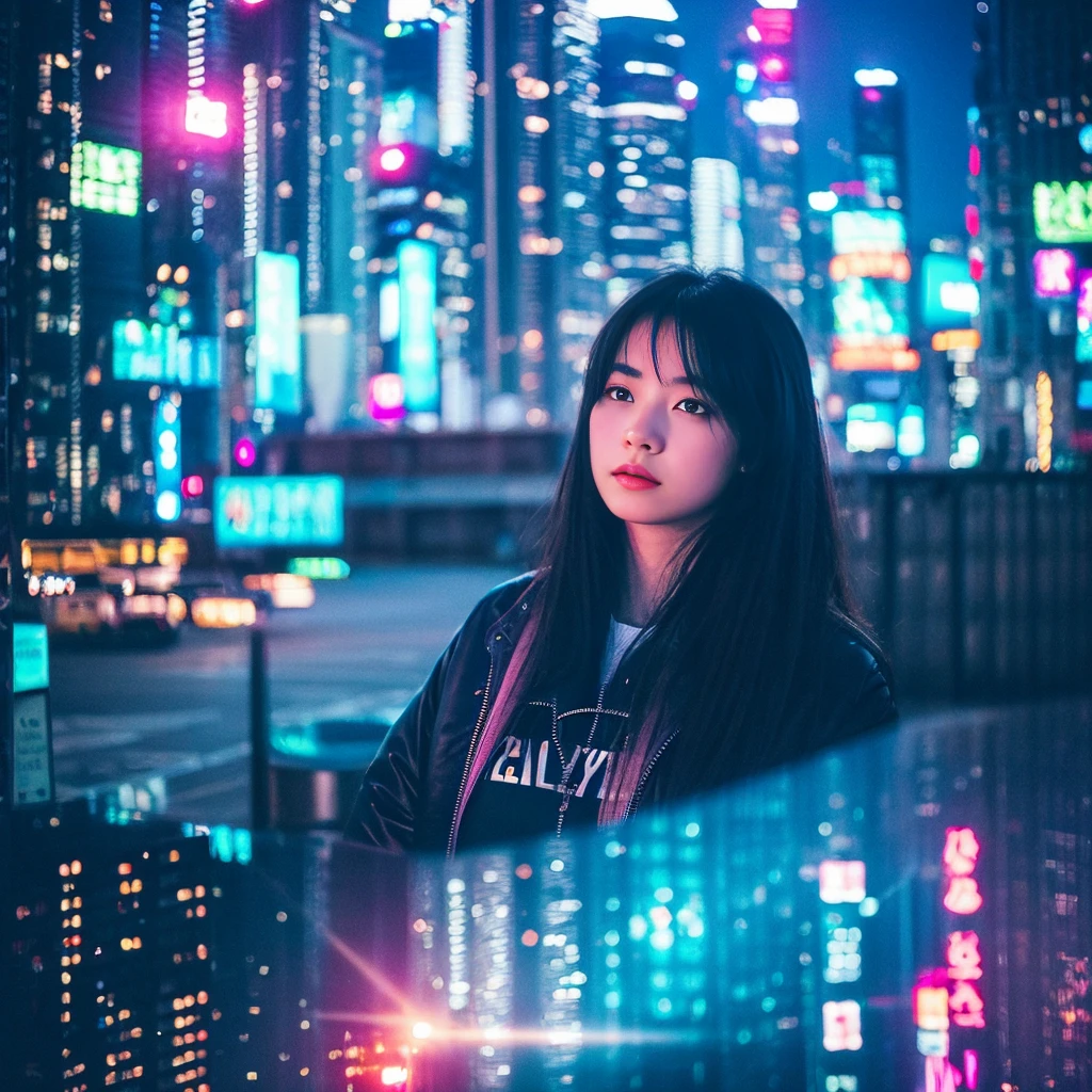 "Big city at night、A young woman wanders amongst the neon-lit skyscrapers。She has a vague facial contour.、Has a lonely look。Transparent bubbles float around the woman.、Each bubble seems to reflect her thoughts and dreams.。Starry sky spreads out in the background、The contrast between the hustle and bustle of the city and the quietness of it all is depicted.。The color scheme is based on cool blue and purple.、The bubbles and the woman are depicted as floating in a soft light.、Overall silence and solitude、It has a fantastical atmosphere that gives a sense of transience.。", High resolution, masterpiece, highest quality, Intricate details, Very detailed, Clear focus, Delicate skin, practical skin texture, texture, Delicate eyes, Professional, 4K, Shot with Canon, 85mm, Shallow and deep, Kodak Vision Color, Exactly, Very detailed, photograph_\(Extremist\), photographpractical, practical, Post-processing, Maximum details, Roughness, Real Life, Extremist practical, Photorealism, photographgraphy, 8K Ultra HD, photographgraphy