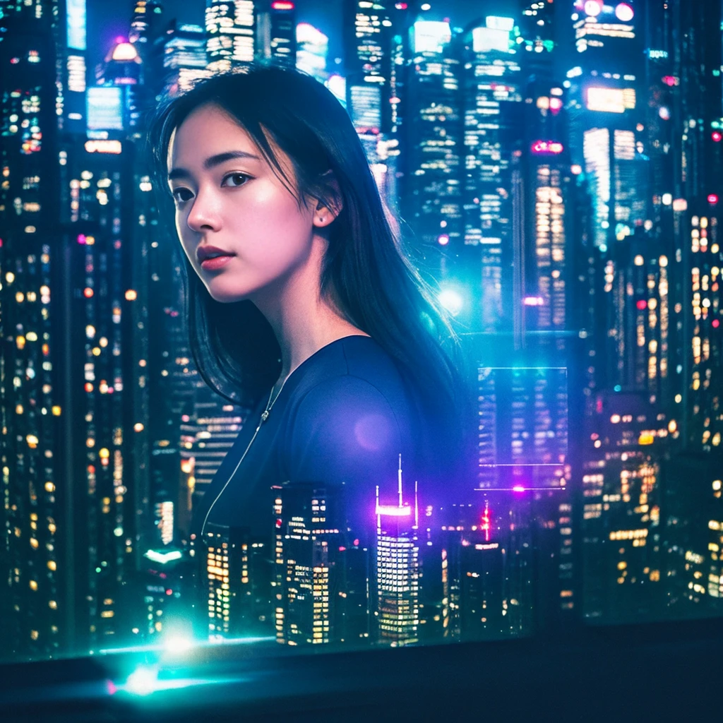 "Big city at night、A young woman wanders amongst the neon-lit skyscrapers。She has a vague facial contour.、Has a lonely look。Transparent bubbles float around the woman.、Each bubble seems to reflect her thoughts and dreams.。Starry sky spreads out in the background、The contrast between the hustle and bustle of the city and the quietness of it all is depicted.。The color scheme is based on cool blue and purple.、The bubbles and the woman are depicted as floating in a soft light.、Overall silence and solitude、It has a fantastical atmosphere that gives a sense of transience.。", High resolution, masterpiece, highest quality, Intricate details, Very detailed, Clear focus, Delicate skin, practical skin texture, texture, Delicate eyes, Professional, 4K, Shot with Canon, 85mm, Shallow and deep, Kodak Vision Color, Exactly, Very detailed, photograph_\(Extremist\), photographpractical, practical, Post-processing, Maximum details, Roughness, Real Life, Extremist practical, Photorealism, photographgraphy, 8K Ultra HD, photographgraphy
