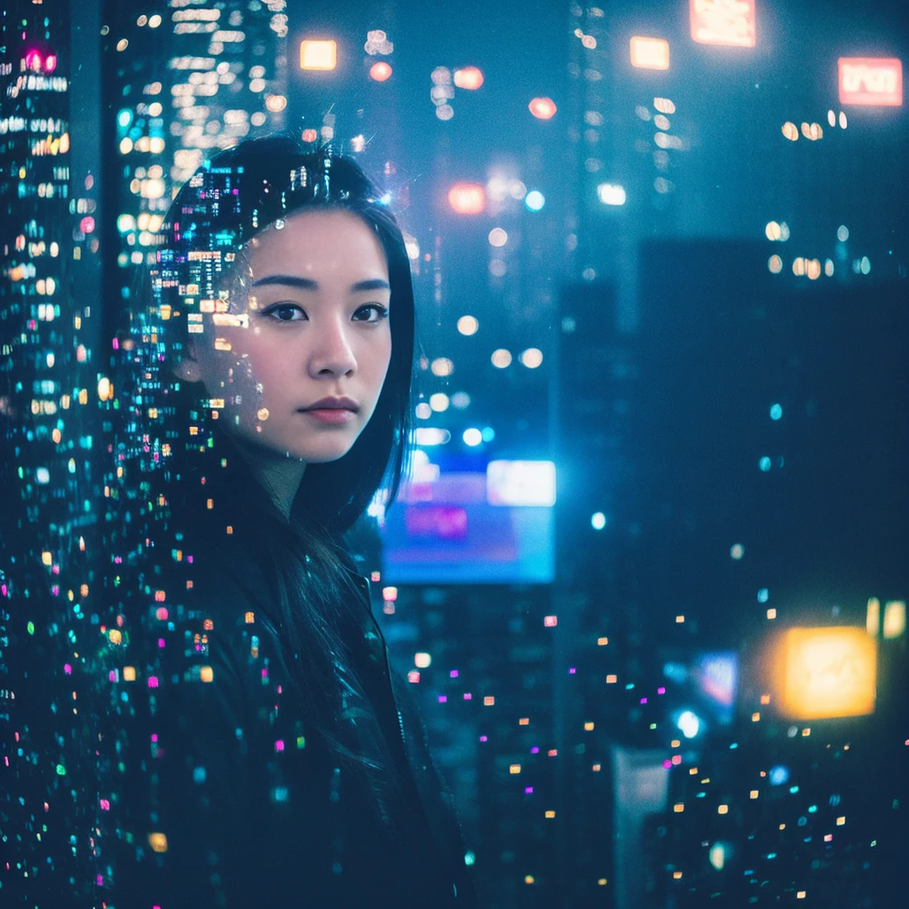 "Big city at night、A young woman wanders amongst the neon-lit skyscrapers。She has a vague facial contour.、Has a lonely look。Transparent bubbles float around the woman.、Each bubble seems to reflect her thoughts and dreams.。Starry sky spreads out in the background、The contrast between the hustle and bustle of the city and the quietness of it all is depicted.。The color scheme is based on cool blue and purple.、The bubbles and the woman are depicted as floating in a soft light.、Overall silence and solitude、It has a fantastical atmosphere that gives a sense of transience.。", High resolution, masterpiece, highest quality, Intricate details, Very detailed, Clear focus, Delicate skin, practical skin texture, texture, Delicate eyes, Professional, 4K, Shot with Canon, 85mm, Shallow and deep, Kodak Vision Color, Exactly, Very detailed, photograph_\(Extremist\), photographpractical, practical, Post-processing, Maximum details, Roughness, Real Life, Extremist practical, Photorealism, photographgraphy, 8K Ultra HD, photographgraphy