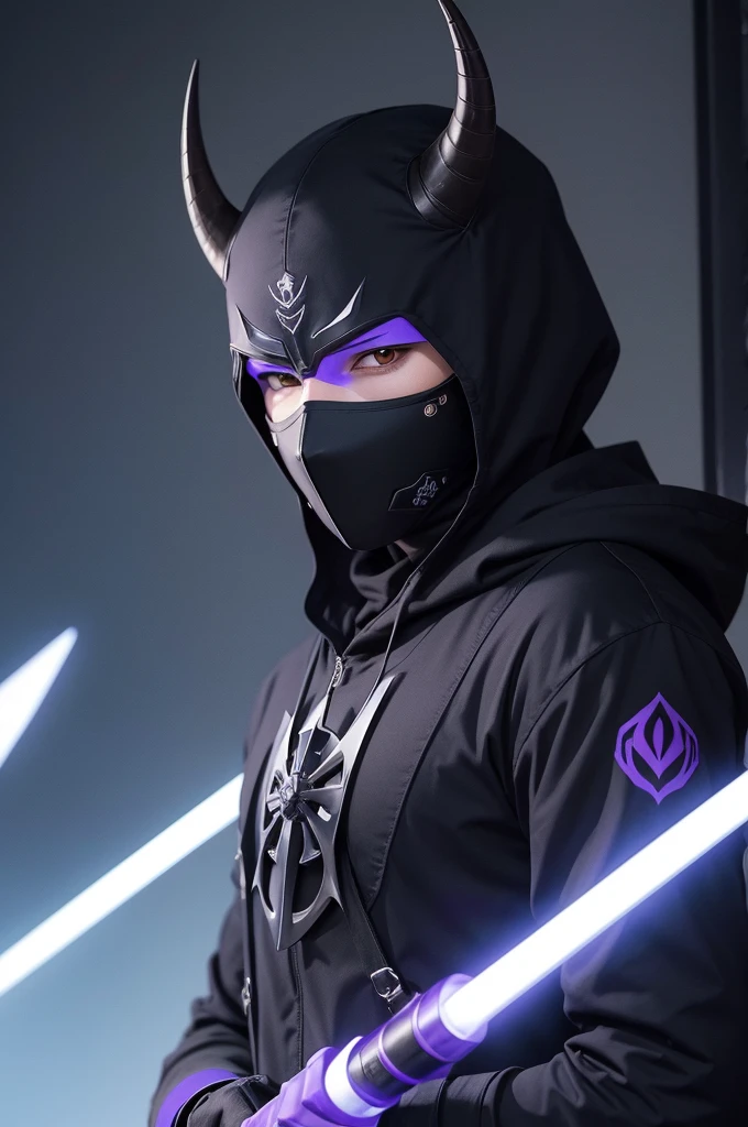 I would like you to create an image using anime art, it would be a masked man with a black mask and horns, ele utiliza um terno preto com detalhes em azul, and carries a large purple two-pointed spear