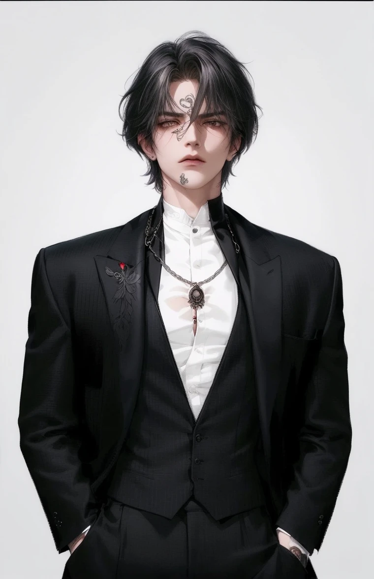 (masterpiece,best quality,ultra_detailed,highres,absurdres),1boy, male focus, tattoo, solo, white hair,chain, shirt, black necktie, necktie, simple background, yellow eyes, upper body, vest, short hair, looking at viewer, parted lips, collared shirt, round eyewear, long sleeves, neck tattoo, hand on own shoulder, arm tattoo, black shirt, red background, brown vest, monocle, jewelry (looking away:1.2)