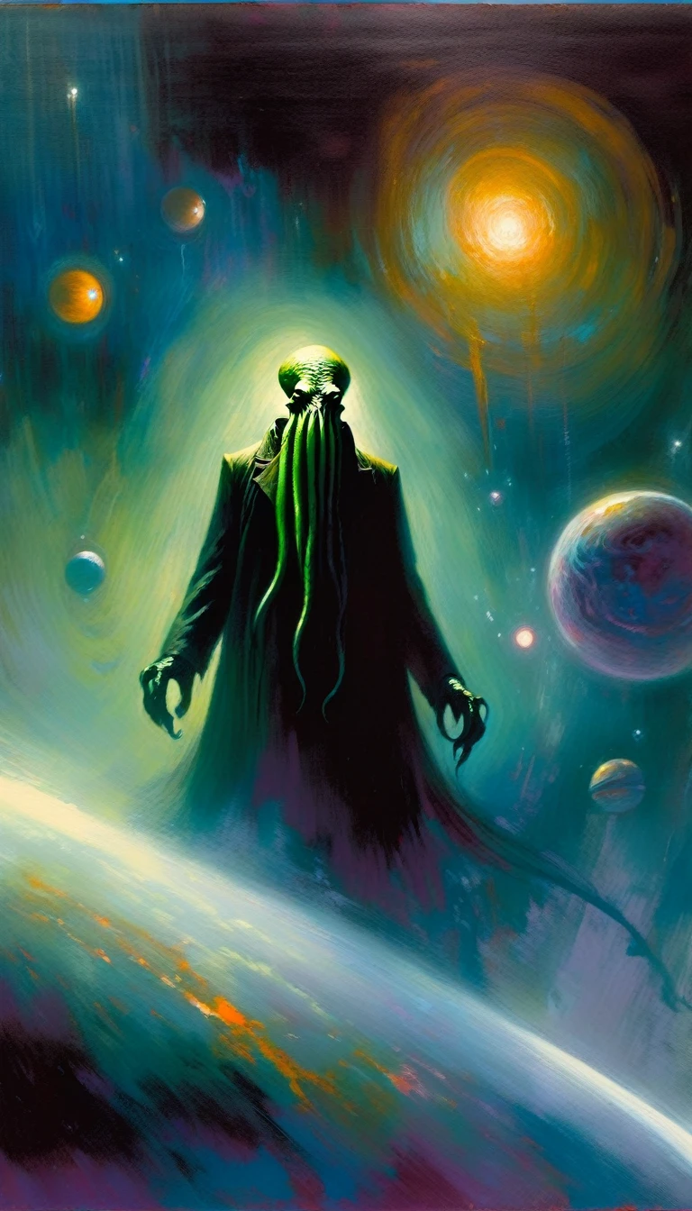 We see the haunting, surreal image of Cthulhu, his eerie, otherworldly presence floating in the void of space, passing by sinister and ominous planets. (inspirational art by Bill Sienkiewicz, oil painting, brush stroke details that enhance depth)
