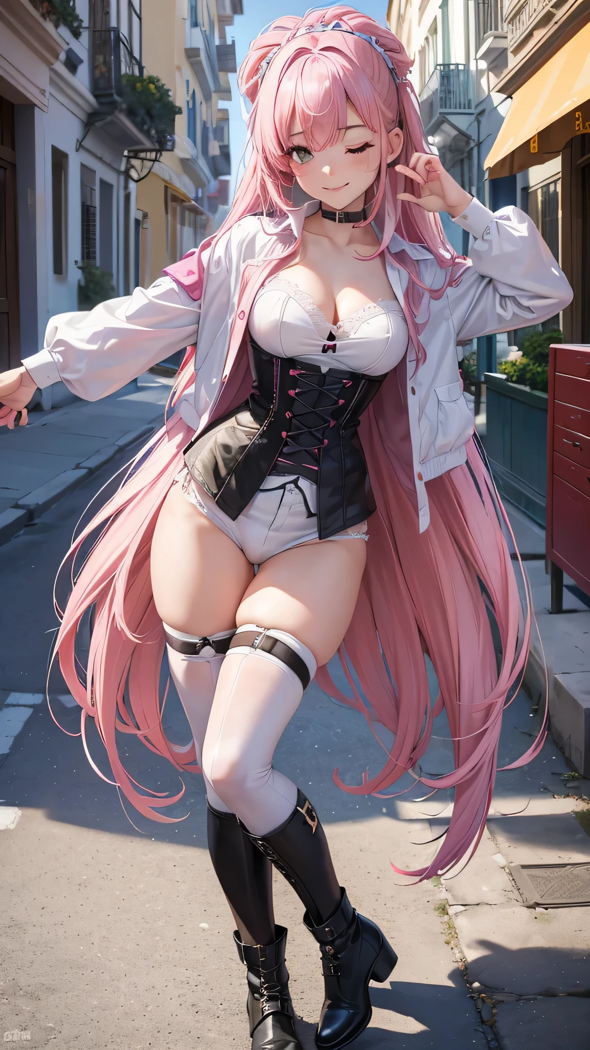 Toda la imagen con detalles intrincados nivel profesional: "(A young 16 year old girl with vibrant pink hair, piernas abiertas, vestida con un abrigo oscuro y una camisa blanca, with a corset and several belts, pantalones cortos negros y medias hasta el muslo, botas marrones. The woman has her eyes closed and an expression of gratitude and happiness on her face, ropa muy corta y delgada, le agrada mostrar su cuerpo, chica empoderada, le gusta mostrar su hermoso cuerpo sexualizado porque es muy bella, con rasgos femeninos pronunciados, (a veces le gusta salir casi o toda desnuda a la calle), random angle.)" nsfw sin censura