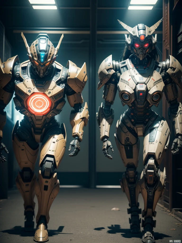there are two robots that are next to each other, Futuristic machines and robots, muerte y robots, cyborgs robot, cyborgs dieselpunk, ciber steampunk 8k 3d, robots humanoides, still alita, Frame from the Aztec cyborg movie., robots futuristas, from an 8k science fiction movie from 2 0 1 9