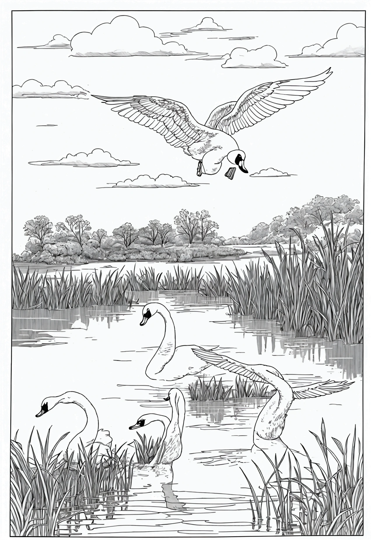 grey and white only, Book page coloring art, All-white background, Use only outlines, line art, coloring book, Clean line art, For coloring Simple and clean line art, coloring book page, perfect symmetric details, Duck Pond: A small duck pond with ducks swimming, reeds and cattails growing along the edges, a wooden dock extending into the water, and a pair of swans gliding gracefully.