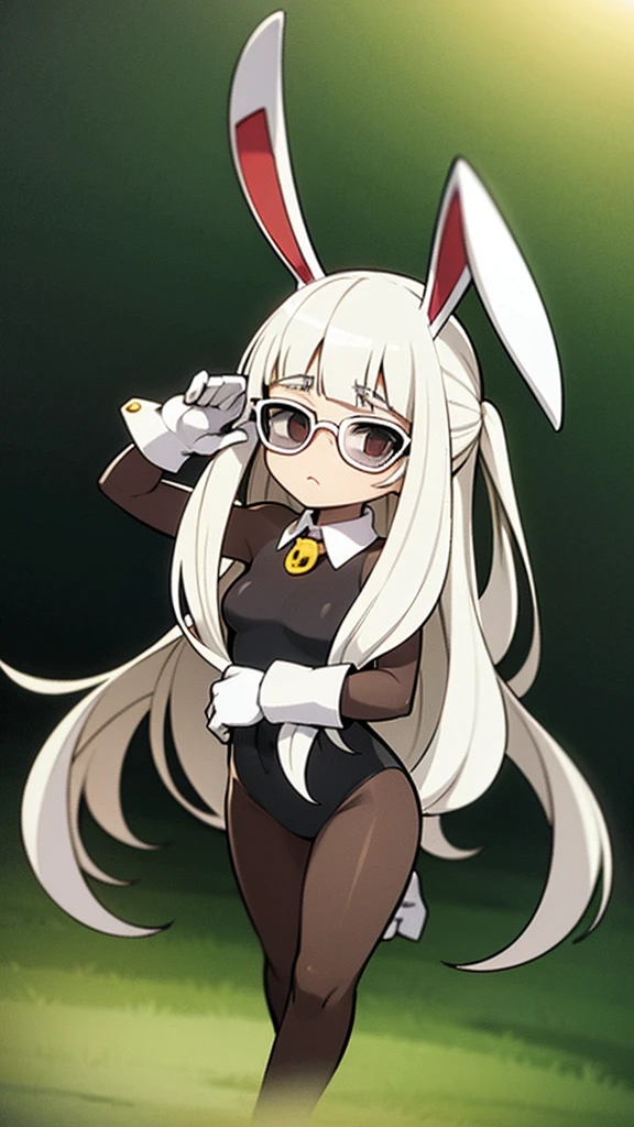 Create an anime character who wears a sexy bodysuit with bunny ears and holey tights with white gloves and sunglasses, and its coparative details are, uma cabelo curto com a franja presa, olhos verde com asul, e que no meio do seu peito aja um machucado aberto que tenha tipo dentes!!!, and do the whole body