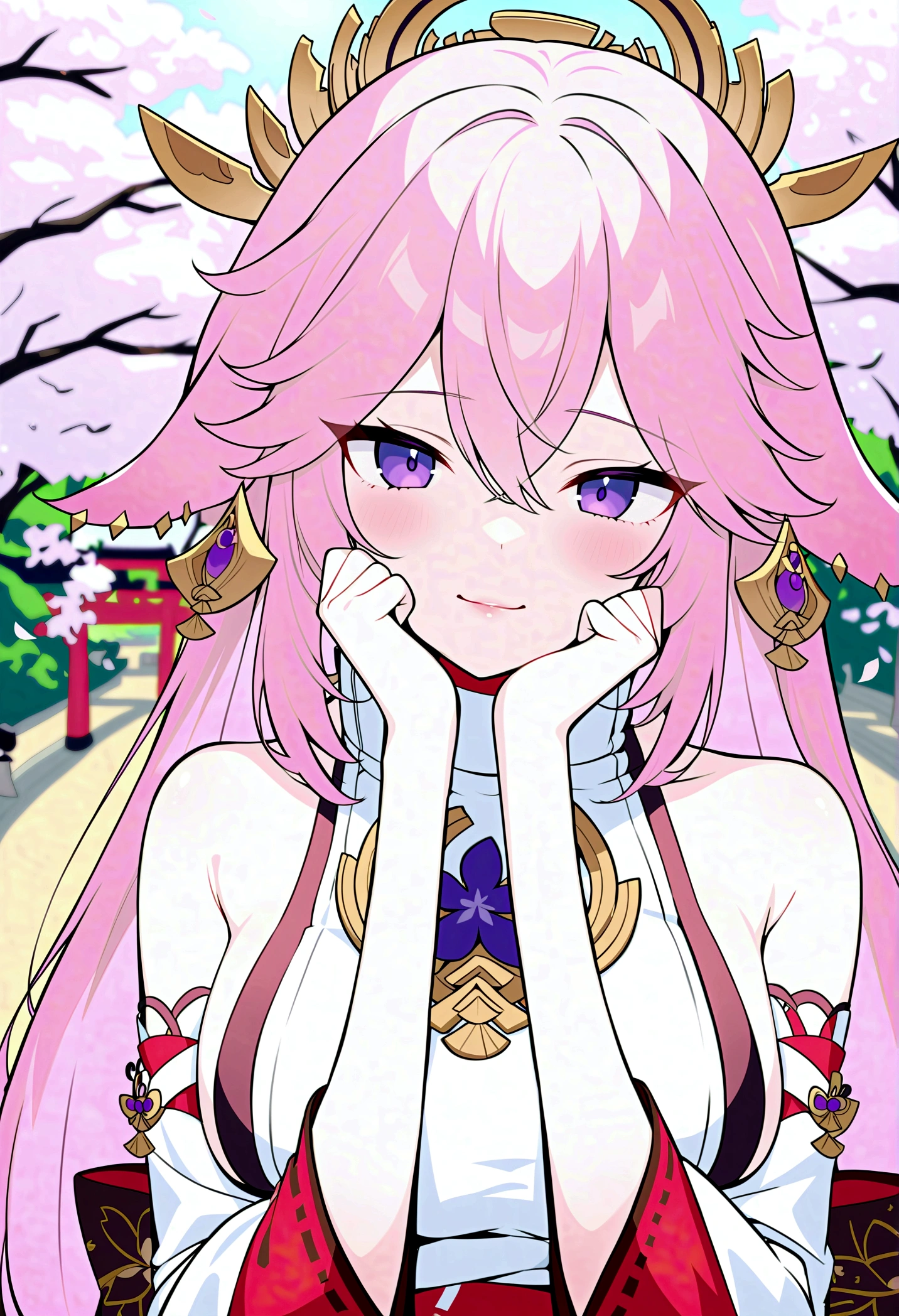 1girl, (ulzzang-6500:0.7), kpop idol, yae miko, detached sleeves, bare shoulders, pink hair, long hair, japanese clothes, best quality, (painting:1.5), (hair ornament:1.35), jewelry, purple eyes, earrings, breasts, torii, cherry blossoms, lantern light, depth of field, detailed face, face focus, ribbon_trim, (looking at viewer:1.25), nontraditional miko, shiny skin, long sleeves, smile, thick lips, game cg, hands on lips, east asian architecture, (blurry background:1.2), sitting, upper body,