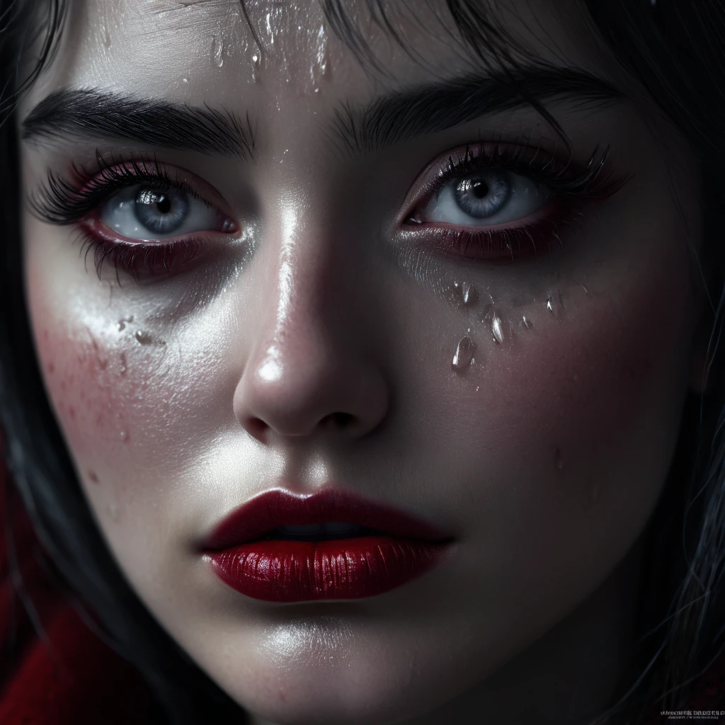 a crying woman, tears of blood, detailed face and eyes, beautiful detailed eyes, beautiful detailed lips, extremely detailed eyes and face, long eyelashes, photorealistic, 8k, high quality, masterpiece, dramatic lighting, dark fantasy, cinematic, moody, somber colors, deep red, black and white
