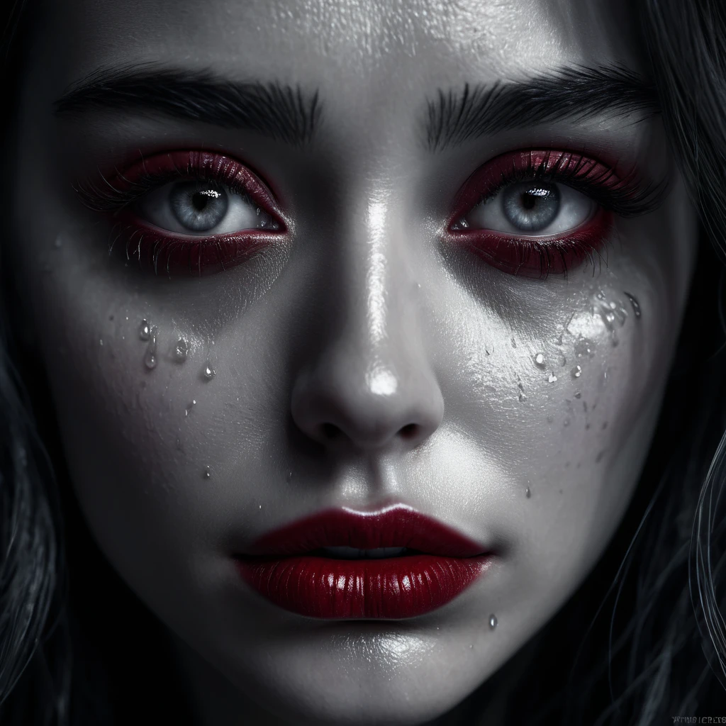 a crying woman, tears of blood, detailed face and eyes, beautiful detailed eyes, beautiful detailed lips, extremely detailed eyes and face, long eyelashes, photorealistic, 8k, high quality, masterpiece, dramatic lighting, dark fantasy, cinematic, moody, somber colors, deep red, black and white