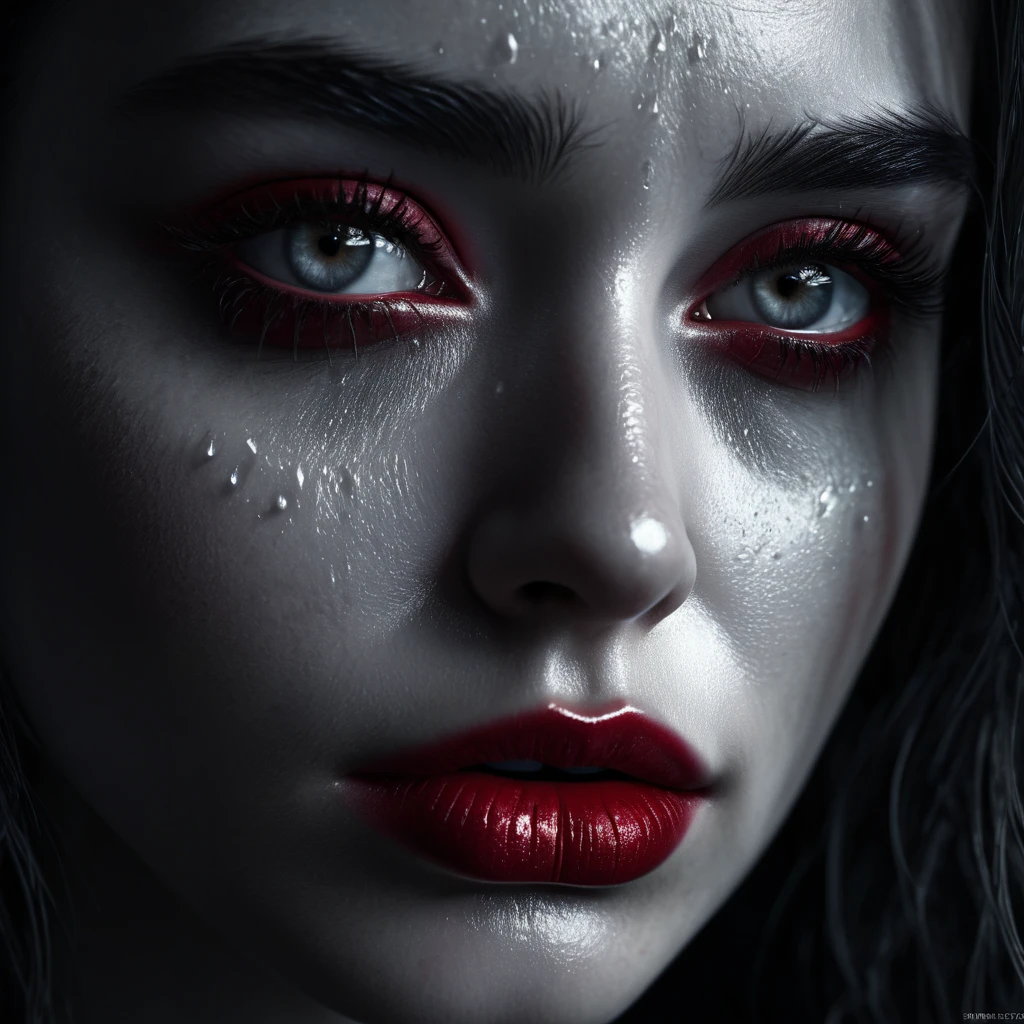a crying woman, tears of blood, detailed face and eyes, beautiful detailed eyes, beautiful detailed lips, extremely detailed eyes and face, long eyelashes, photorealistic, 8k, high quality, masterpiece, dramatic lighting, dark fantasy, cinematic, moody, somber colors, deep red, black and white