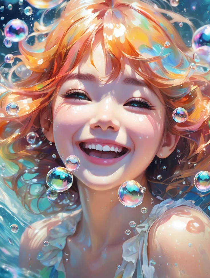 a Girl, laughing, Colorful colors, surrounded by water bubbles, in the style of Kawacy, Masterpiece, Oil painting drawn in anime style, head close - up, exaggerated perspective, Tyndall effect, water drops, mother - of - pearl iridescence, Holographic white,