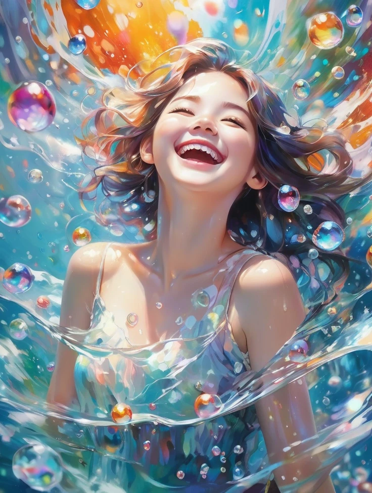 a Girl, laughing, Colorful colors, surrounded by water bubbles, in the style of Kawacy, Masterpiece, Oil painting drawn in anime style, head close - up, exaggerated perspective, Tyndall effect, water drops, mother - of - pearl iridescence, Holographic white,
