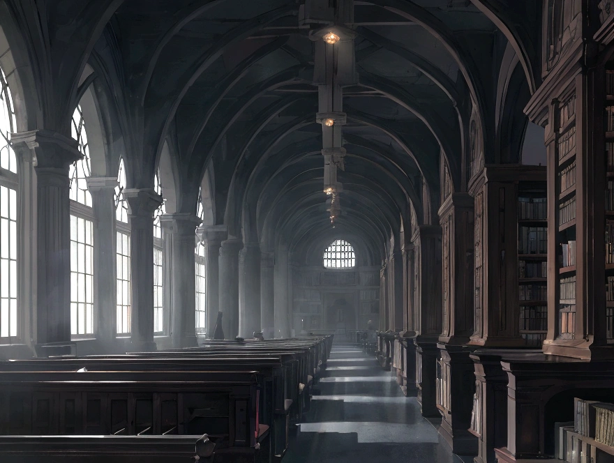 vast and echoing university library, shrouded in darkness except for a few flickering fluorescent lights overhead and the warm glow of a single desk lamp illuminating a lone figure hunched over a book. Rows upon rows of towering bookshelves disappear into the shadows, filled with countless volumes that whisper forgotten secrets. The air is heavy with the smell of aged paper and dust. Through the tall, arched windows, the dark silhouette of trees sways ominously in the night wind. The overall feeling is one of eerie stillness, profound loneliness, and a creeping sense of unseen eyes watching.