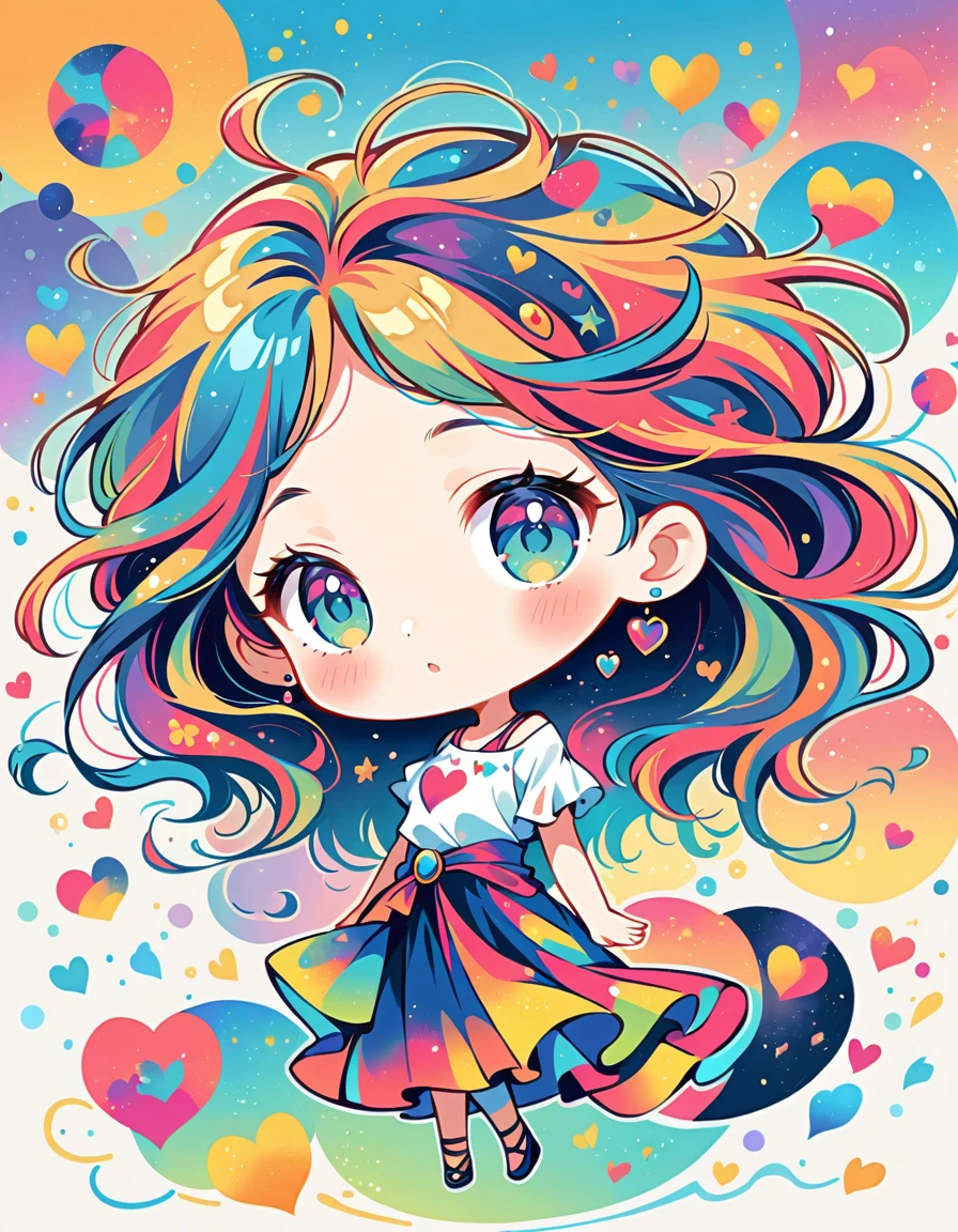 Takashi Murakami style, Simple Line Initialism,Abstract art,Urban Background, colorful hearts ,(((The most beautiful girl of all time))), (((chibi))), Colorful background