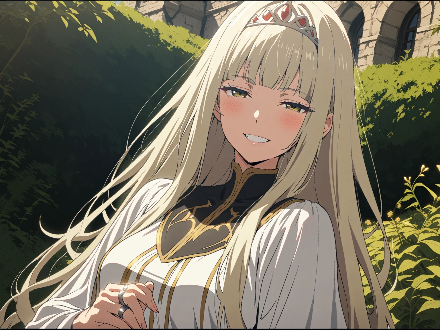 {{upper body, hand focus, dutch angle}} {{Artist: Sincos}} 1 woman, solo, mature female, elegant, princess, medium breasts, platinum blonde hair, long hair, straight hair, hime cut, green eyes, white dress, gold trim, tiara, looking at viewer, bright smile, teeth, half-closed eyes, presenting hand, ring in hand, outdoors, garden, sunny, medieval fantasy.