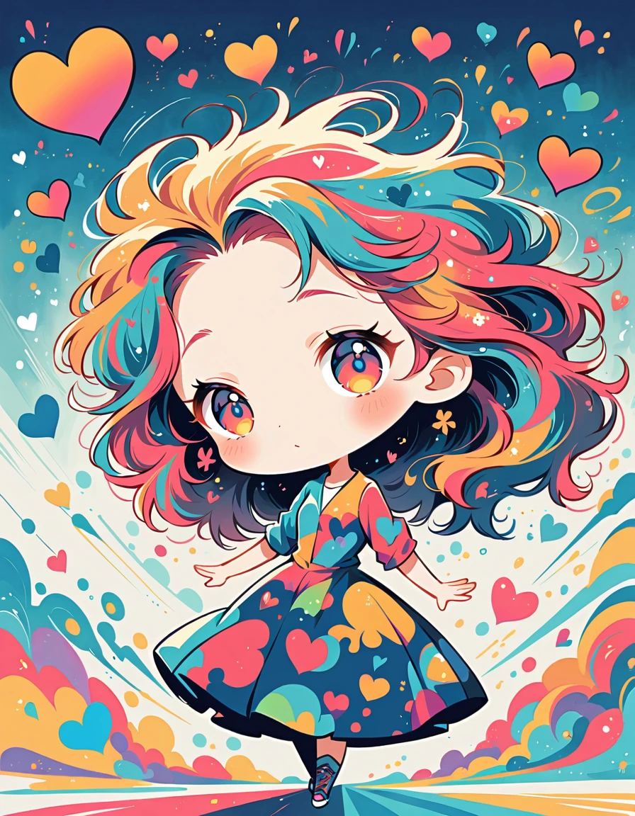 Takashi Murakami style, Simple Line Initialism,Abstract art,Urban Background, colorful hearts ,(((The most beautiful girl of all time))), (((chibi))),