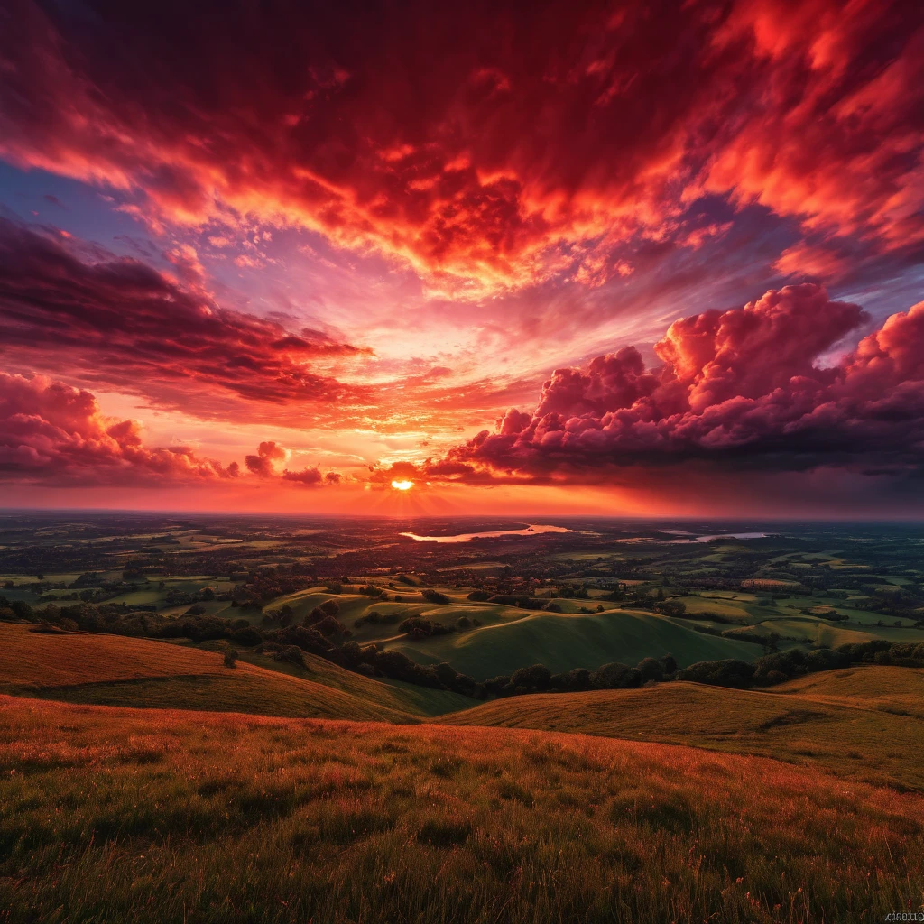 a dramatic red sky at sunset, cinematic lighting, epic clouds, breathtaking landscape, serene atmosphere, beautiful scenery, highly detailed, photorealistic, 8k, HDR, masterpiece