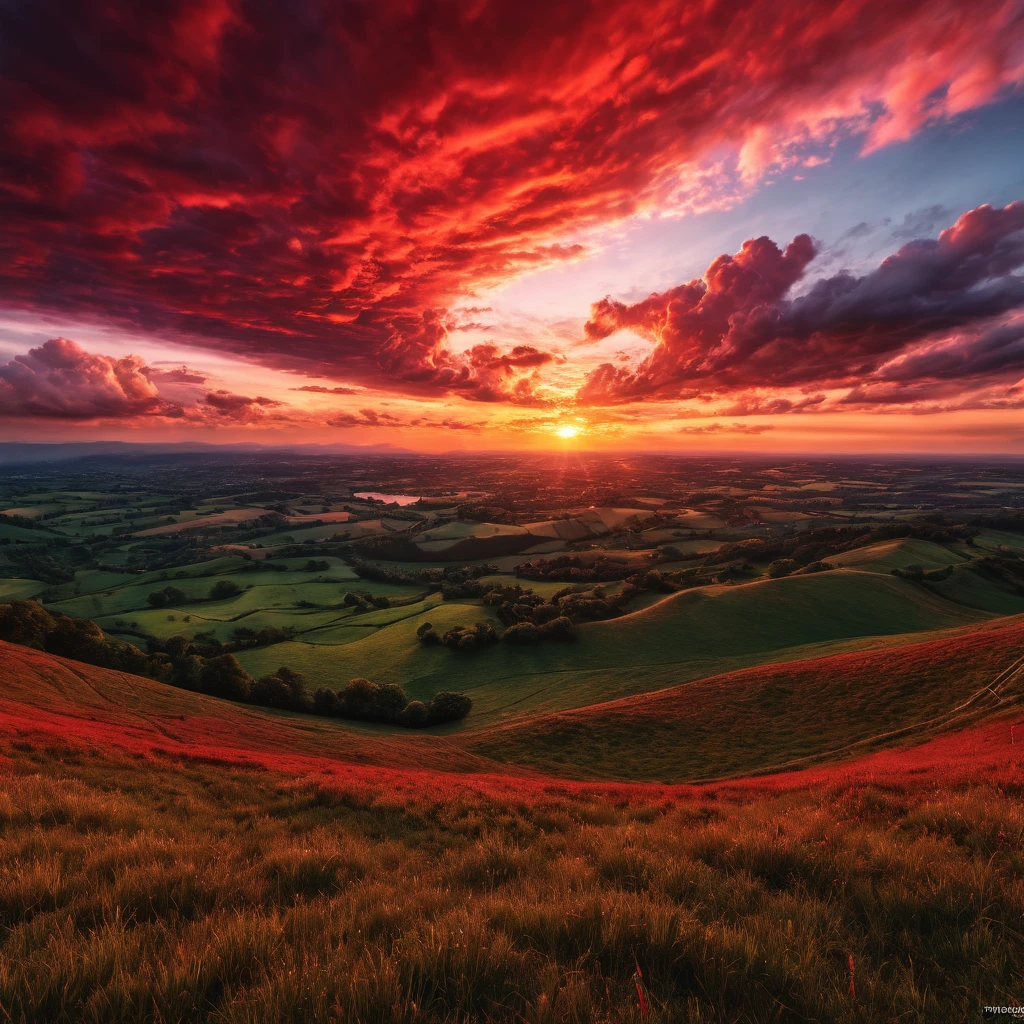 a dramatic red sky at sunset, cinematic lighting, epic clouds, breathtaking landscape, serene atmosphere, beautiful scenery, highly detailed, photorealistic, 8k, HDR, masterpiece