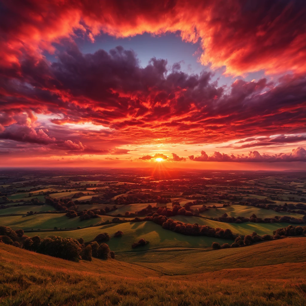 a dramatic red sky at sunset, cinematic lighting, epic clouds, breathtaking landscape, serene atmosphere, beautiful scenery, highly detailed, photorealistic, 8k, HDR, masterpiece